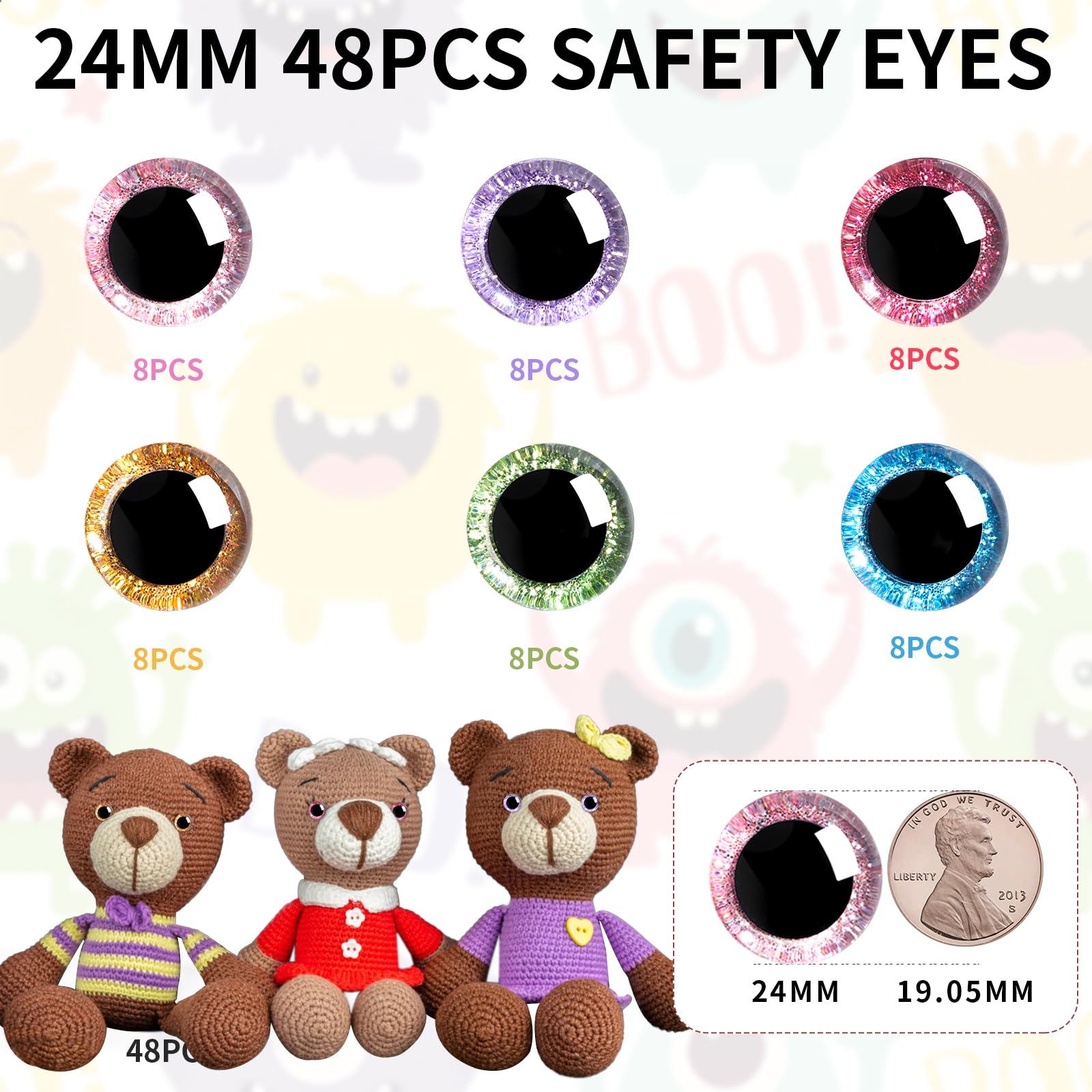 MUCUNNIA 96pcs 24mm Safety Eyes for Crochet Toys with Washers Glitter Safety Eyes for Amigurumi Crocheting Crochet Eyes Craft Doll Eyes for Soft Toy Teddy Bear and Plush Animal(6 Colors) - Image 2