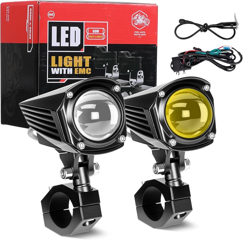 Motorcycle Fog Lights 120W 6800LM, Motorcycle Auxiliary Light LED Kit Dual Color Amber White, Waterproof Motorcycle LED Lights for ATV UTV Trucks
