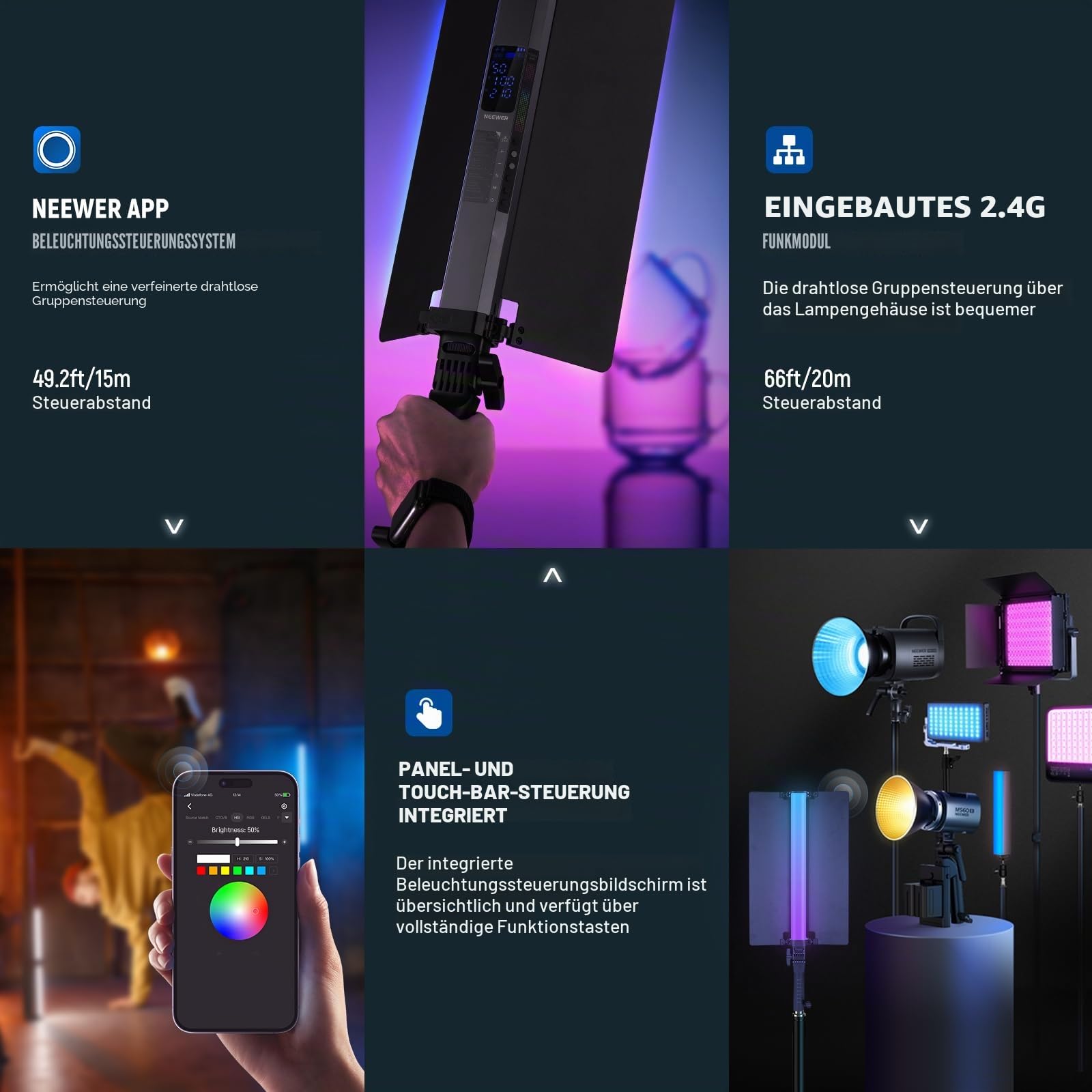 Neewer RGB2 LED Videoleuchte Lichtstab mit Metall Scheunentor Griff Touchleiste/APP/2 – Bild 7