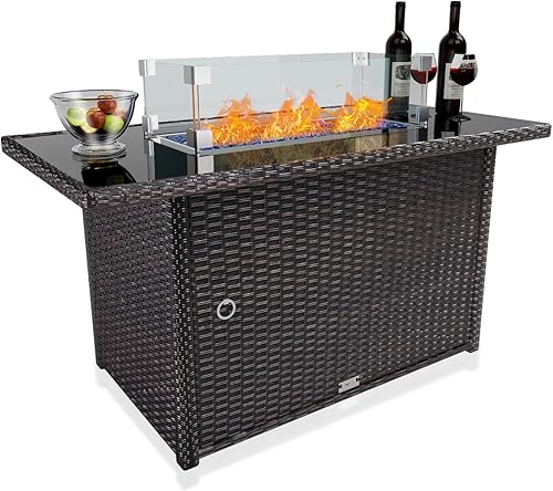 Mesa para fogata de gas de 44 pulgadas, 50,000 BTU de mimbre para exteriores con tapa y roca de lava, cubierta de mesa, soporte para tanque oculto,