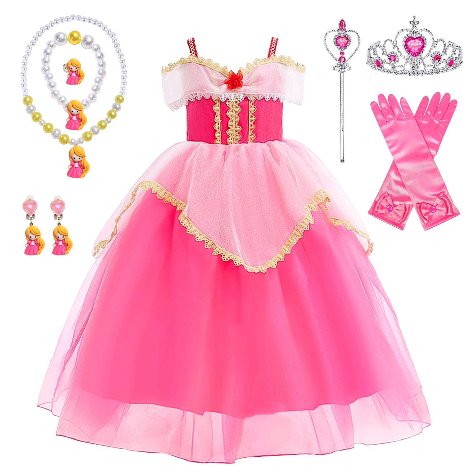 YYDSXK Disfraz Princesa Niña, Disfraz Bella Durmiente Niña con Conjuntos de Collar de Corona Princesa, Aurora Vestido Princesa Niña, Disfraz Aurora Vestido Elegante para Cosplay Cumpleaños