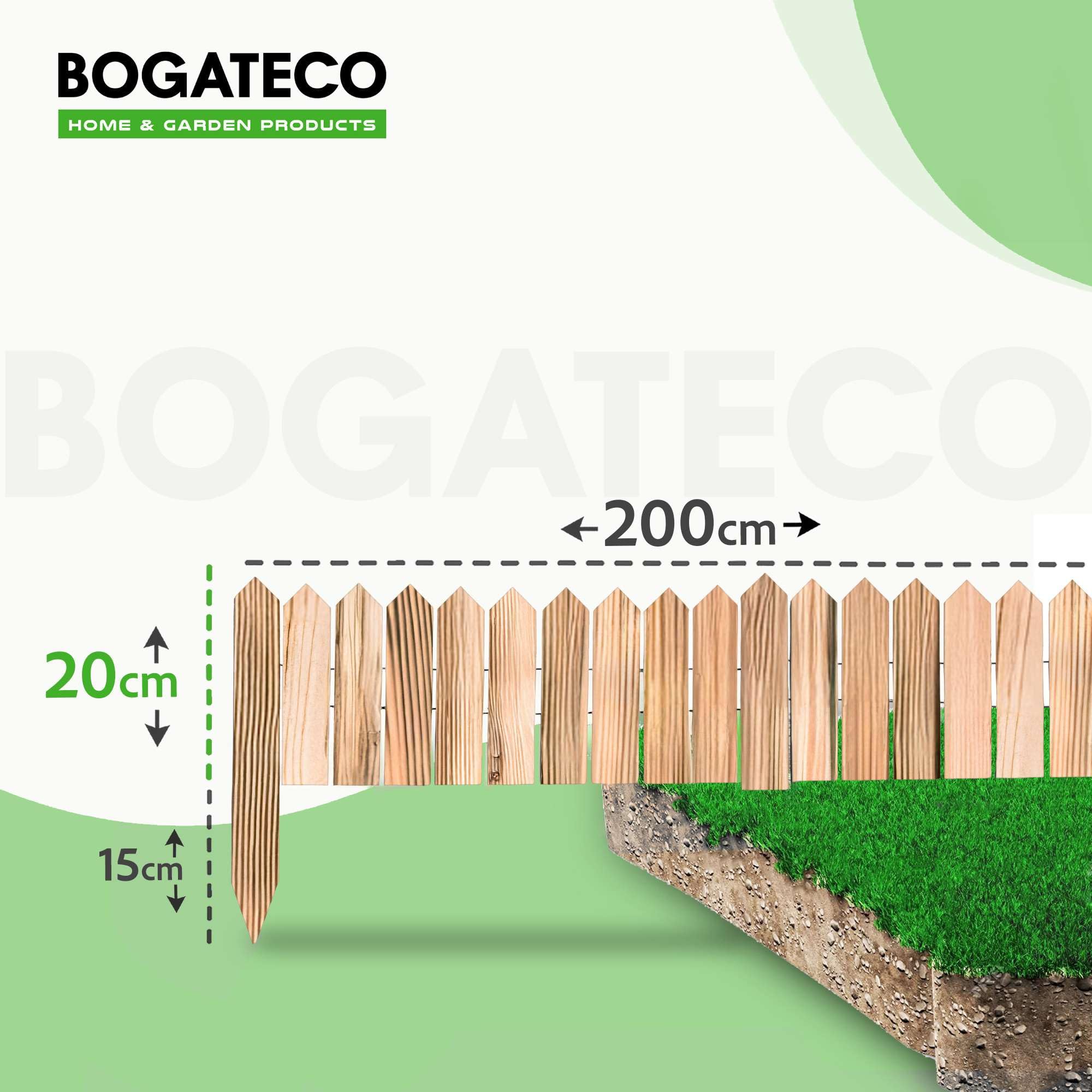 BOGATECO Bordura per aiuola in legno, lamelle di legno | Recinzione a rullo alta 20 cm e lunga 200 cm | Recinzione in legno | Recinzione in assi ideale come bordatura per aiuola o delimitazione di