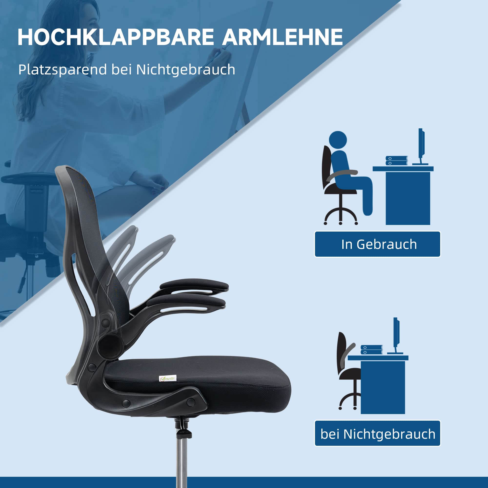 Vinsetto Bürostuhl Ergonomischer Zeichenstuhl 102-122 cm Schwarz | Mit Verstellbarem Fußring, Drehstuhl, Höhenverstellbarer Arbeitsstuhl, mit Rollen, Lendenwirbelstütze