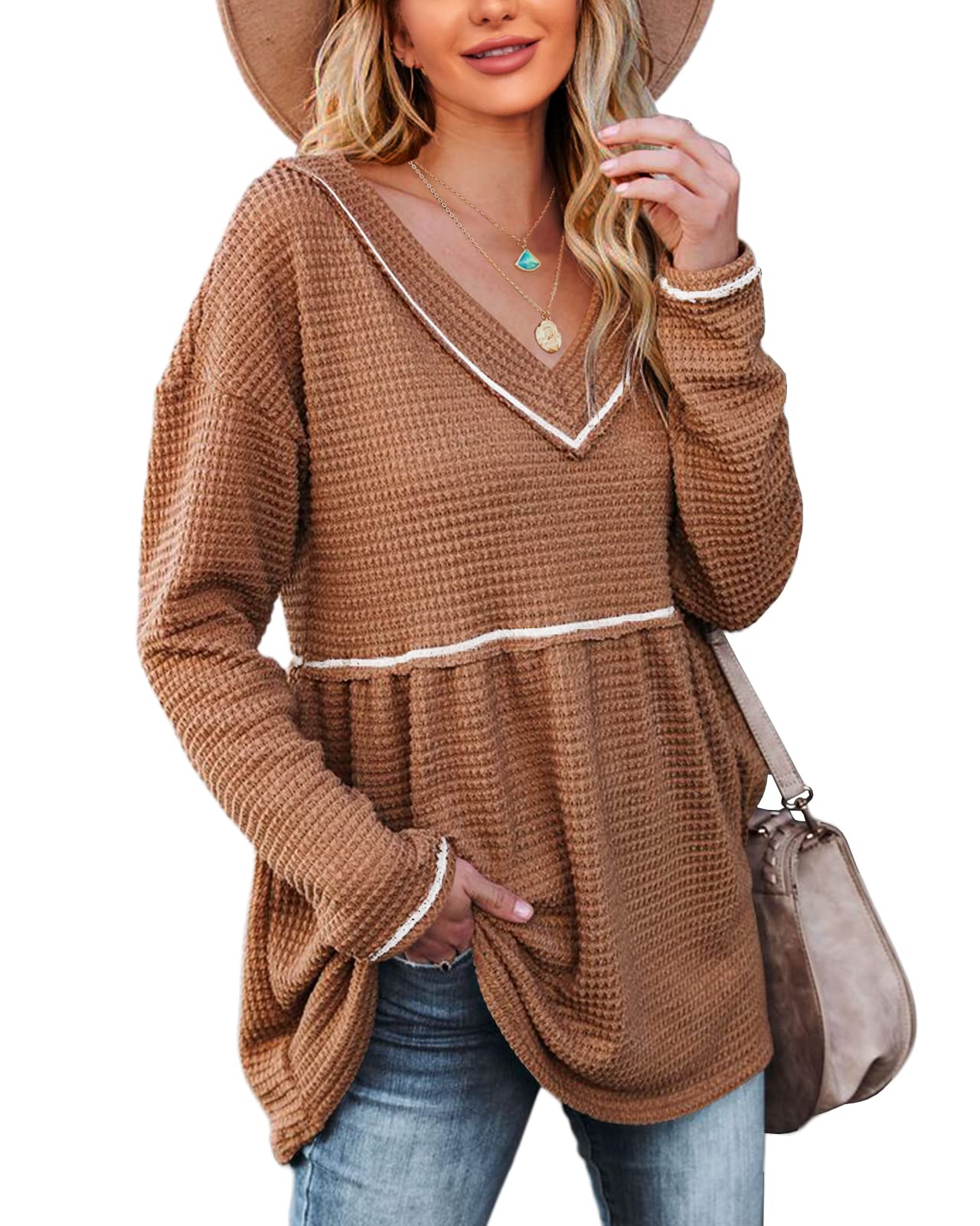 Chang Yun Womens V Neck Waffle Tunic Top Long Sleeve Peplum Pullover Babydoll Casual Flowy Swing Tshirts Pullover Sweaters