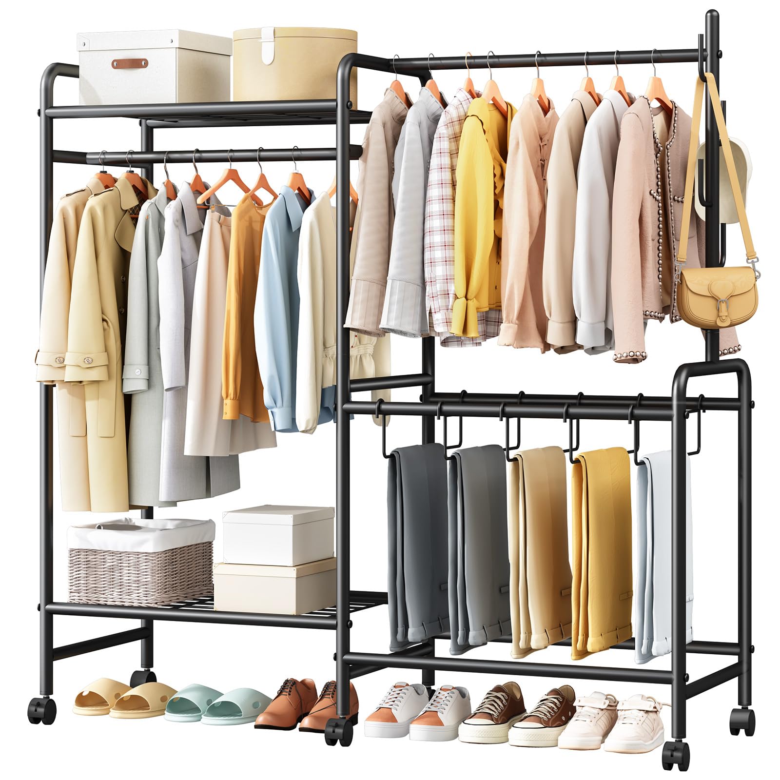 Casavibe Heavy Duty Clothes Rail with Wheels, 125KG Metal Clothing Rack with Trouser Rack, Top Shelf, 4 Hooks & 5 Trouser Hangers, Sturdy Wardrobe Clothes Rail for Bedroom Hallway Shop, Black