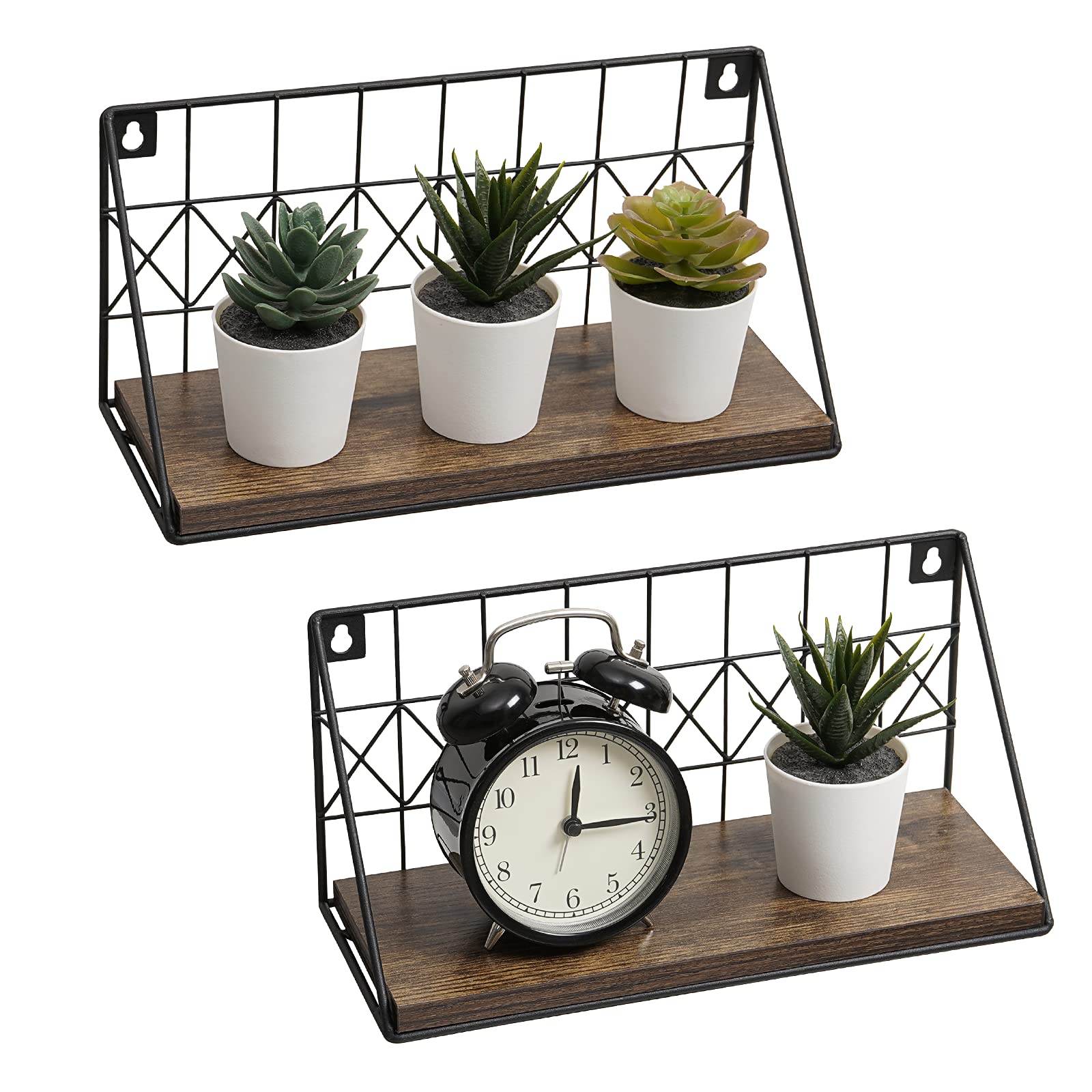 Snughome Floating Shelves Wall Mounted Set of 2, Modern Black Wire Metal Wood Wall Storage Organizer Display Shelf, Rustic Wood Wall Storage Shelves for Bedroom, Living Room, Bathroom, Kitchen