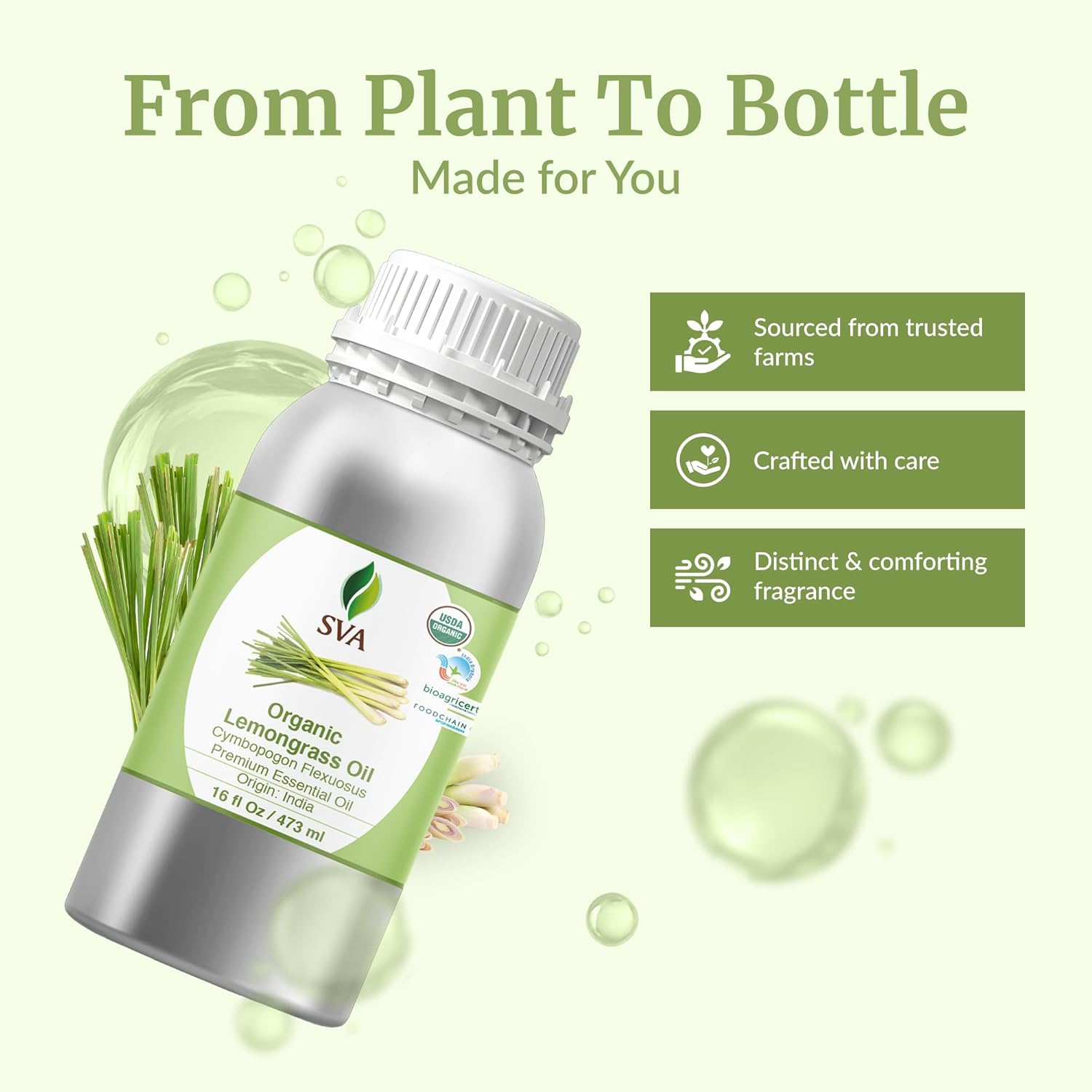 SVA Lemongrass Essential Oil Organic – 16 Fl Oz – 100% Natural Organic Lemongrass Oil for Hair, Face, Skin Care, Diffuser, Aromatherapy, Scalp, Body Massage, Soap and Candle Making