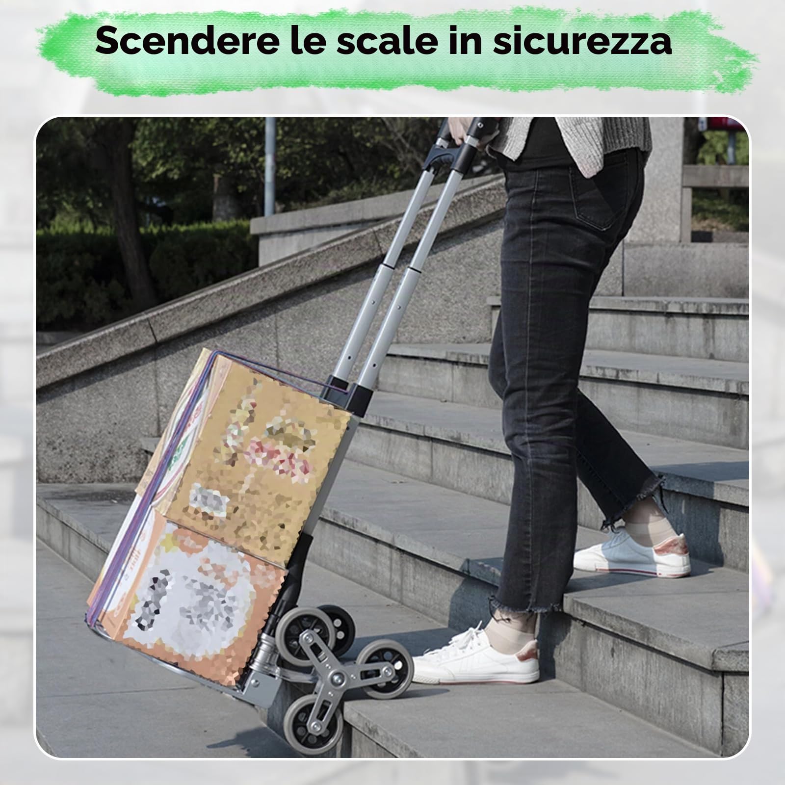 Carrello Saliscale Pieghevole, per Salire le Scale, Traslocare, Trasportare | Con Quattro Ruote Piccole Universali Girevoli a 360° e 2 Ruote di Cristallo, Maniglia Regolabile Fino a 100 kg