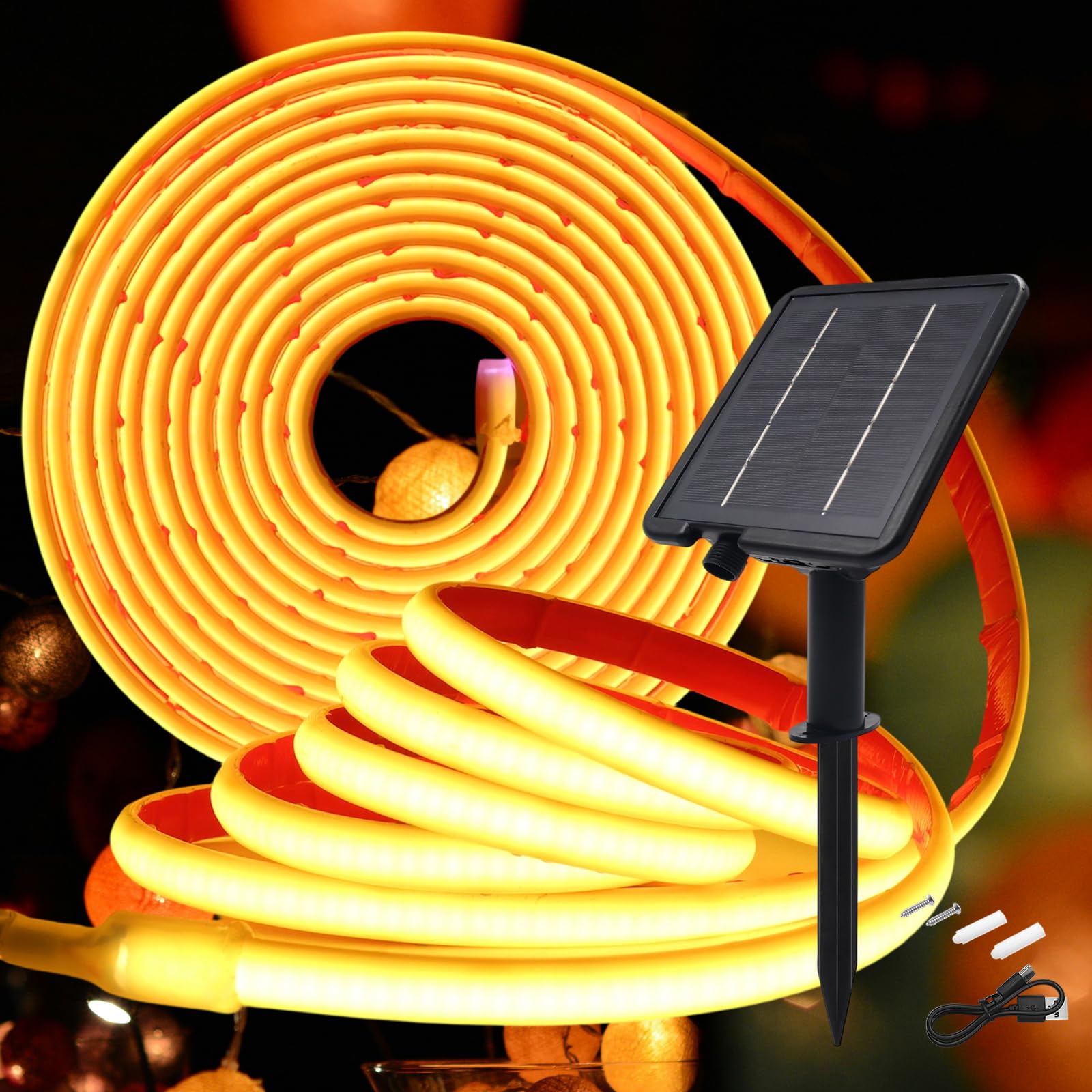 KISUFU Bande LED solaire - 24 V - COB - 320 LED/m - Étanche IP68 - Avec USB 8 modes 2400 mAh - Contrôleur de boîte à cellules solaires pour jardin, véranda, balcon, pavillon