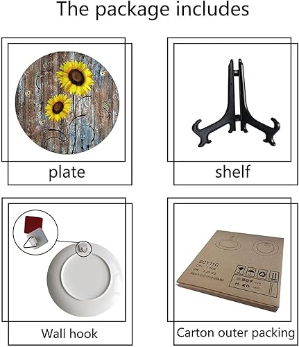 Miniatura 3 de ASDWX Platos decorativos de pared de girasol, 10 pulgadas, flores amarillas rústicas en puerta de granero marrón en casa de campo en otoño, plato