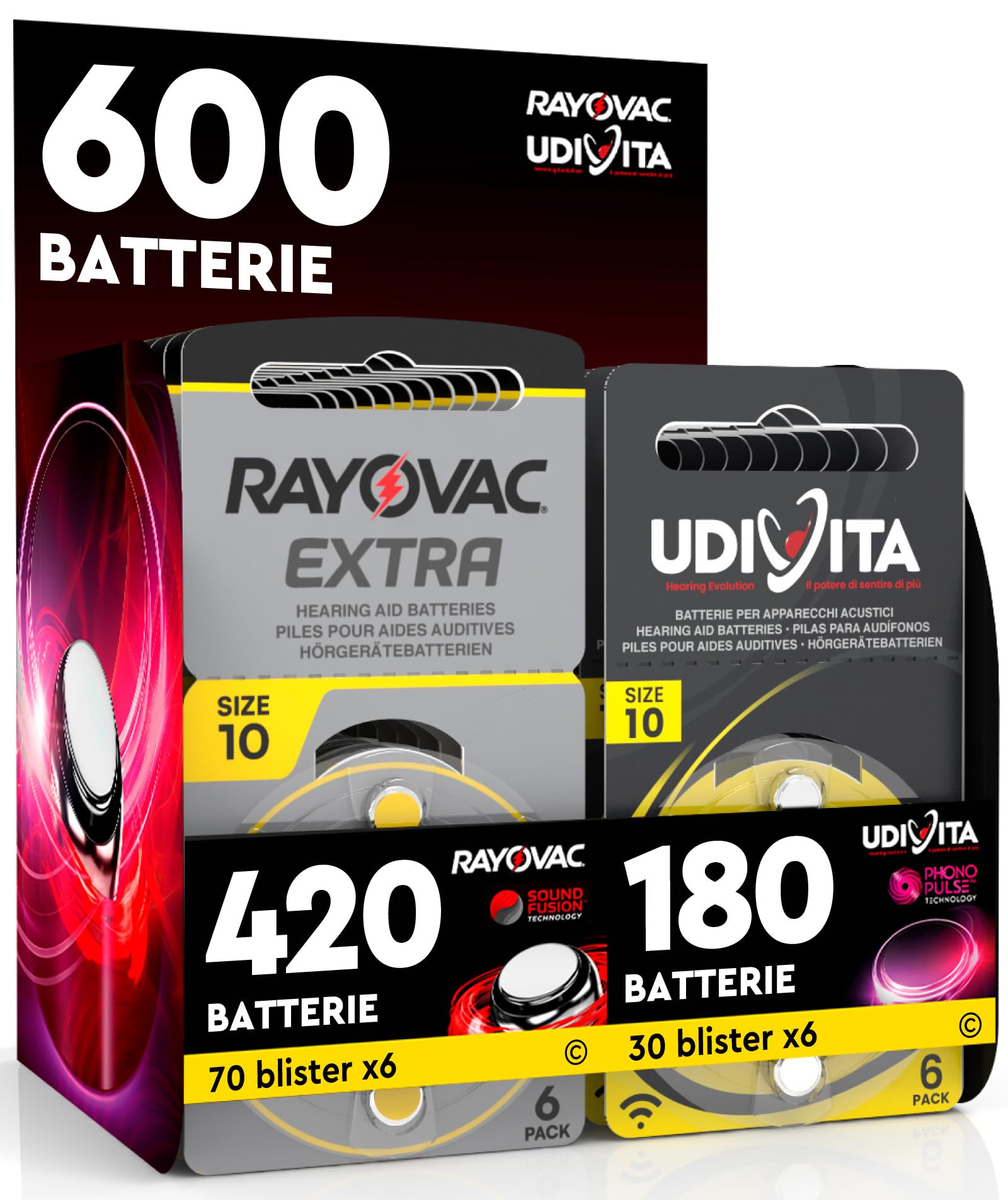600 Batterie per Apparecchi Acustici Misura 10 PR70 Gialle Zinco-Aria Phono Pulse Technology in 10 Blister da 6 Pile - 600 Batterie: 420 Rayovac + 180 Udivita