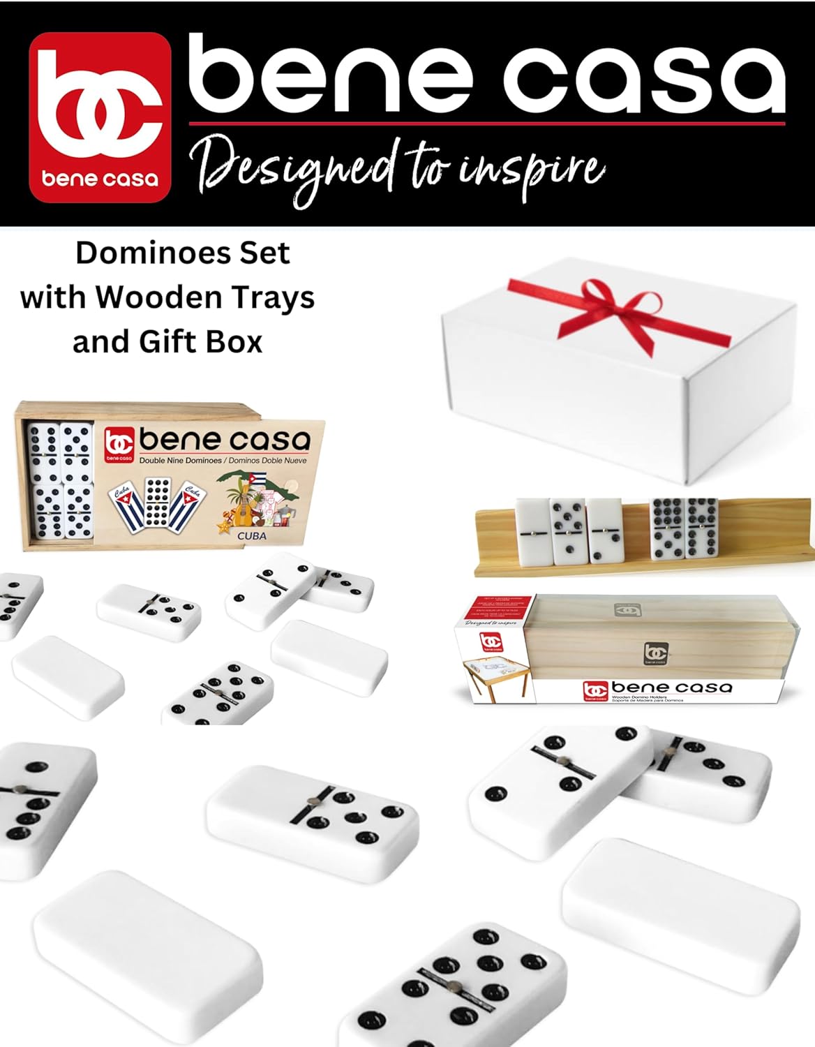 Bene Casa - Cuban Flag Design Double Nines Dominoes Set 55 Dominoes, Wooden Domino Trays - Set of 4 Each Tray Can Hold Up to 10 Dominoes/Bundle.