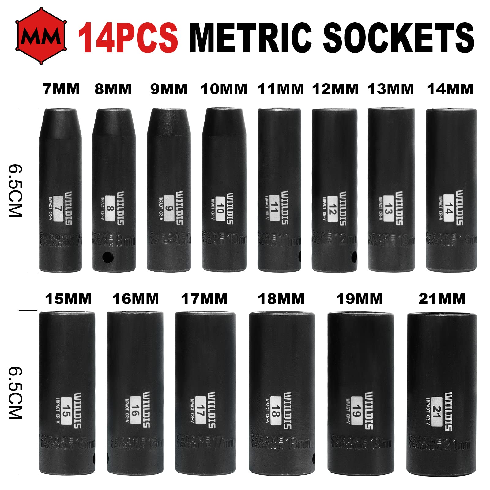 WIILDIS Juego de 14 llaves de vaso de impacto profundo de 3/8 pulgadas, 7 mm a 21 mm, CR-V, métrico, 6 puntos, 14 piezas de 3/8 pulgadas Dr. Socket