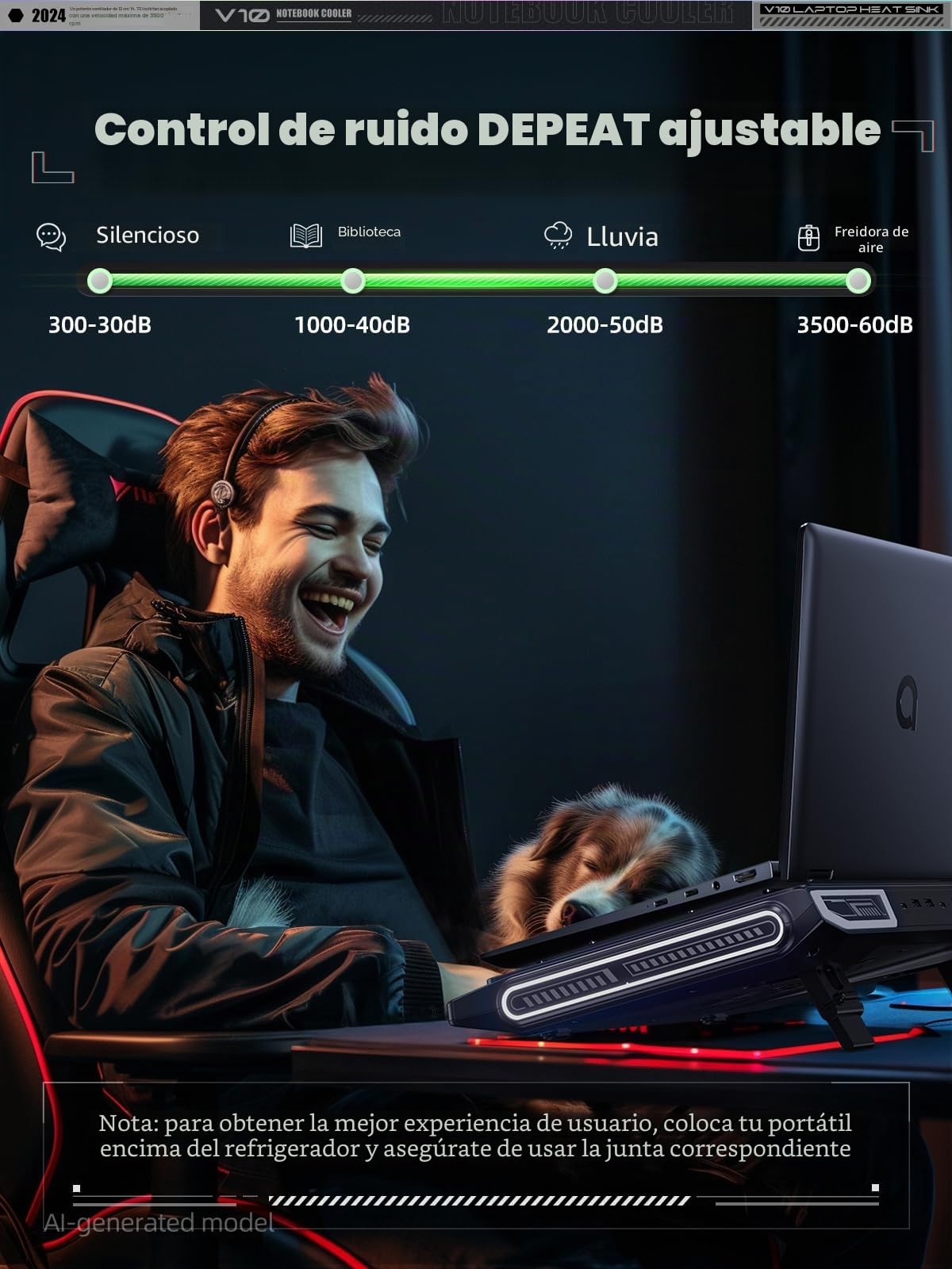 llano Base refrigeradora portatil Gaming con 3500 RPM turbofan 4.72'' Ventilador Externo Laptop Stand Velocidad Ajustable para enfriamiento rápido laptops 13-17.3'' sin RGB