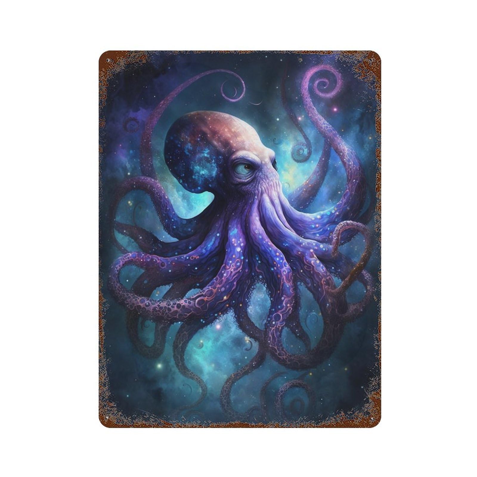 Galactic Octopus Art Print Distressed Metal Wall Sign 15.7"x11.8", Rustic Home Decor for Living Room, Hallway And Home Decor