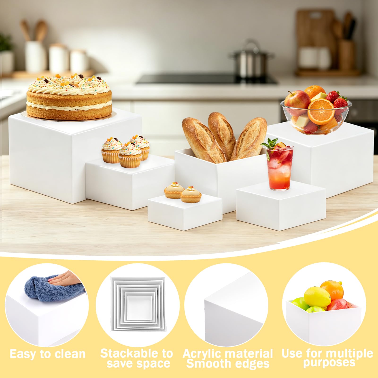 6 alzate per torte, accessori per buffet, in acrilico, bianco, per tavolo da buffet, 12,7 x 15,2 x 17,8 x 22,8 x 25,4 cm, supporto per cupcake, per compleanni, feste, matrimoni