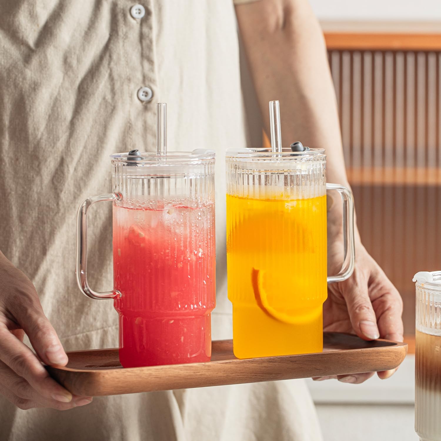 KEMORELA 2PCS 20 Oz Ribbed Glass Tumblers with Lids & Straws – Handle Iced Coffee Cups, Reusable Clear Drinkware for Smoothies & Cold Beverages – Dishwasher Safe - Image 7