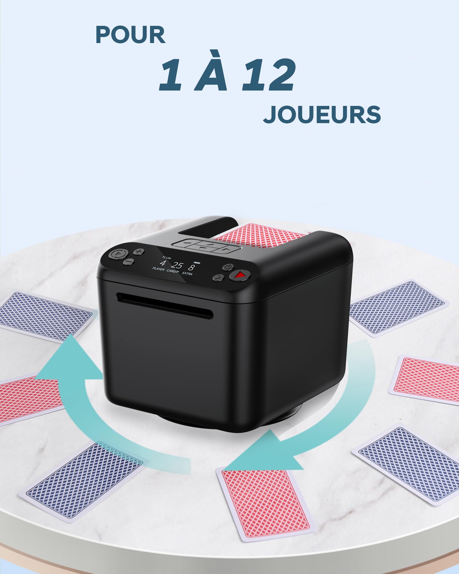 Distributeur de Cartes Automatique – Rotation 180°/360° pour 1–3 Jeux, 2–12 Joueurs avec 4 Télécommandes | Modes de Jeu Intégrés, Rechargeable & Silencieux pour Poker, Blackjack, Texas Holdem, UNO
