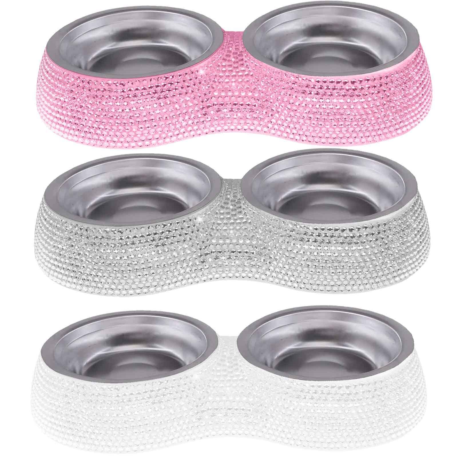 SAVORI Small Cat Bowls Pink, 320ML Handmade Bling Rhinestones Stainless Steel Pet Bowls Removable Double Food Water Feeder for Puppy Cats Dogs