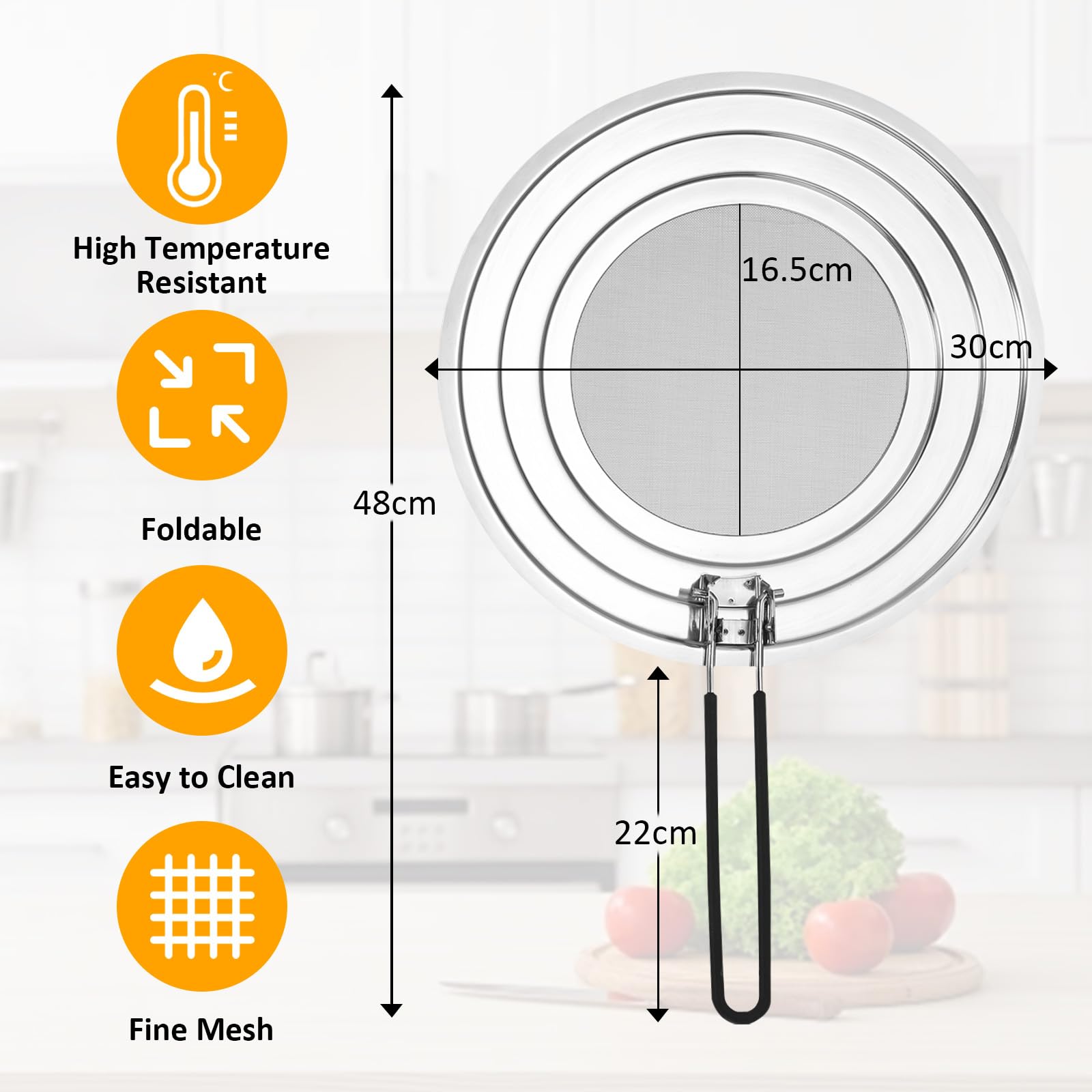 Zocipro Tapa Sarten Antisalpicaduras, Protector Salpicaduras Cocina de Acero Inoxidable con Mango de Silicona Plegable, Protector Universal de Salpicaduras para Sartenes de 20, 24 y 28cm