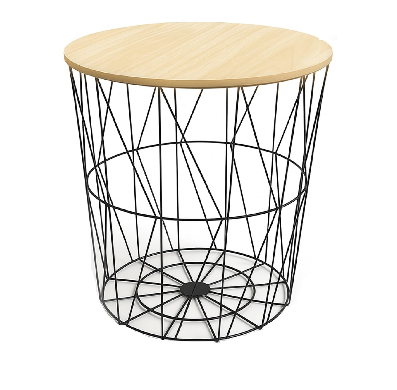 Round Side Table Wire Metal Storage Basket Modern Tea Nest Table with Removable Wood Top for Hallway, Living Room, Bedroom, or Office Decor Sidetable (Black + Natural Lid, Medium)