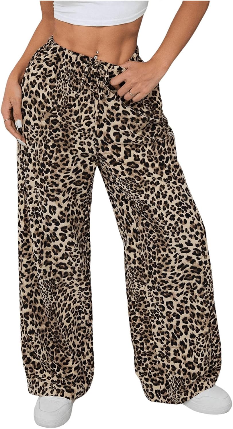 SweatyRocks Women's Leopard Print Animal Wide Leg Pants Elastic Waist Trousers with Pockets