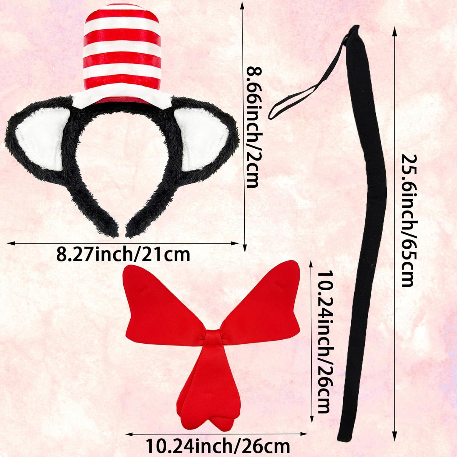 Cat Ears with Hat Headband and Bow Tie, Red and White Hat Cat Ears Hairband Red Bow, Kitten Costume Cosplay Party Halloween Accessories for Kids and Adults - Image 2