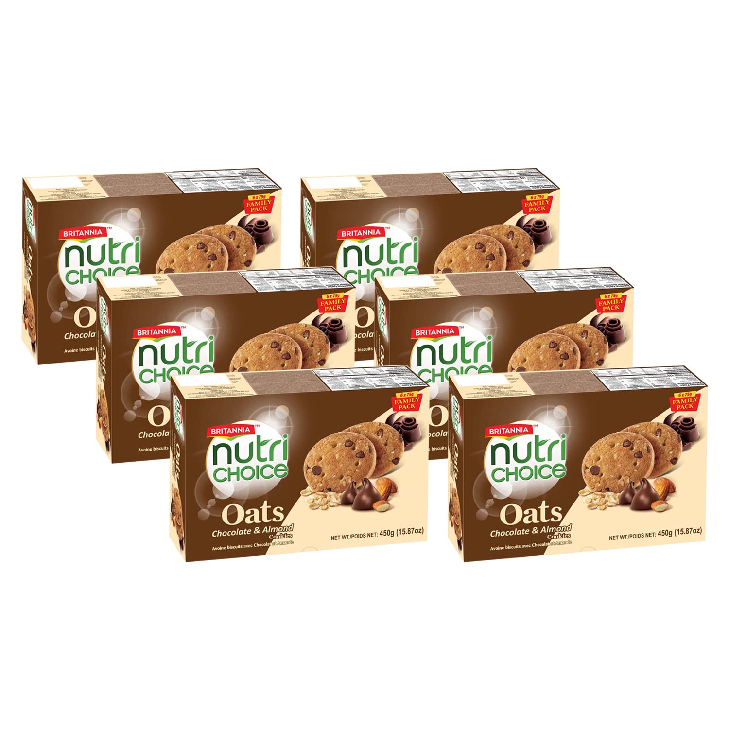 Britannia NutriChoice Oats Choco Almond 15.87oz (450g) - Breakfast & Tea Time Snacks - Delicious Grocery Cookies - Suitable for Vegetarians (Pack of 6)