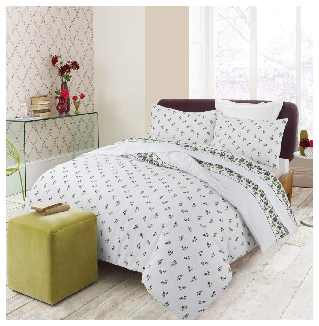 Hendem Lilac Hendem® Rosebud Flannelette Duvet Quilt Cover Set Floral Thermal Flannel 100% Brushed Cotton (, King)