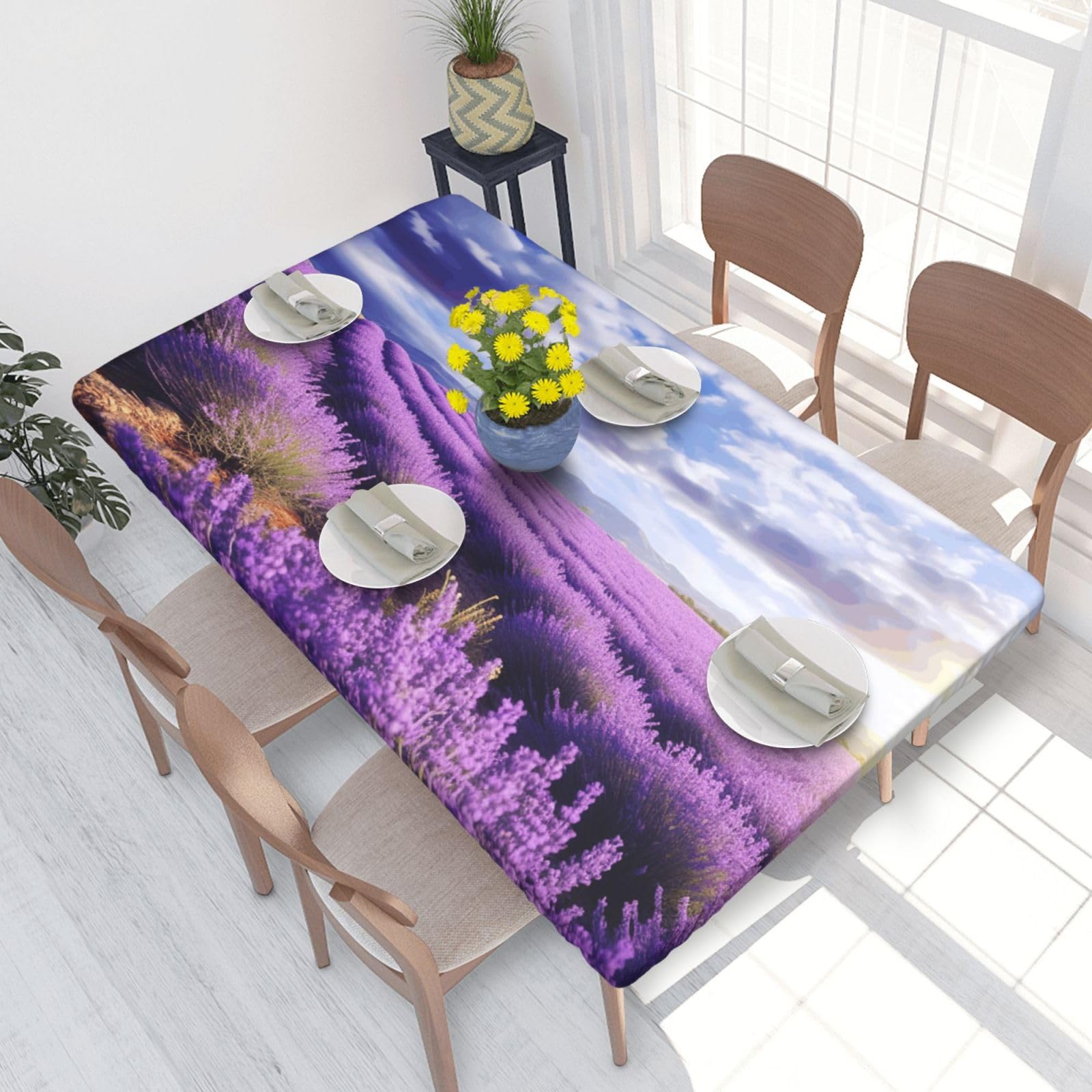 Lavender Waterproof Square Table Cover Elastic Fitted Tablecloth Oil Proof Table Protector For 4ft Table