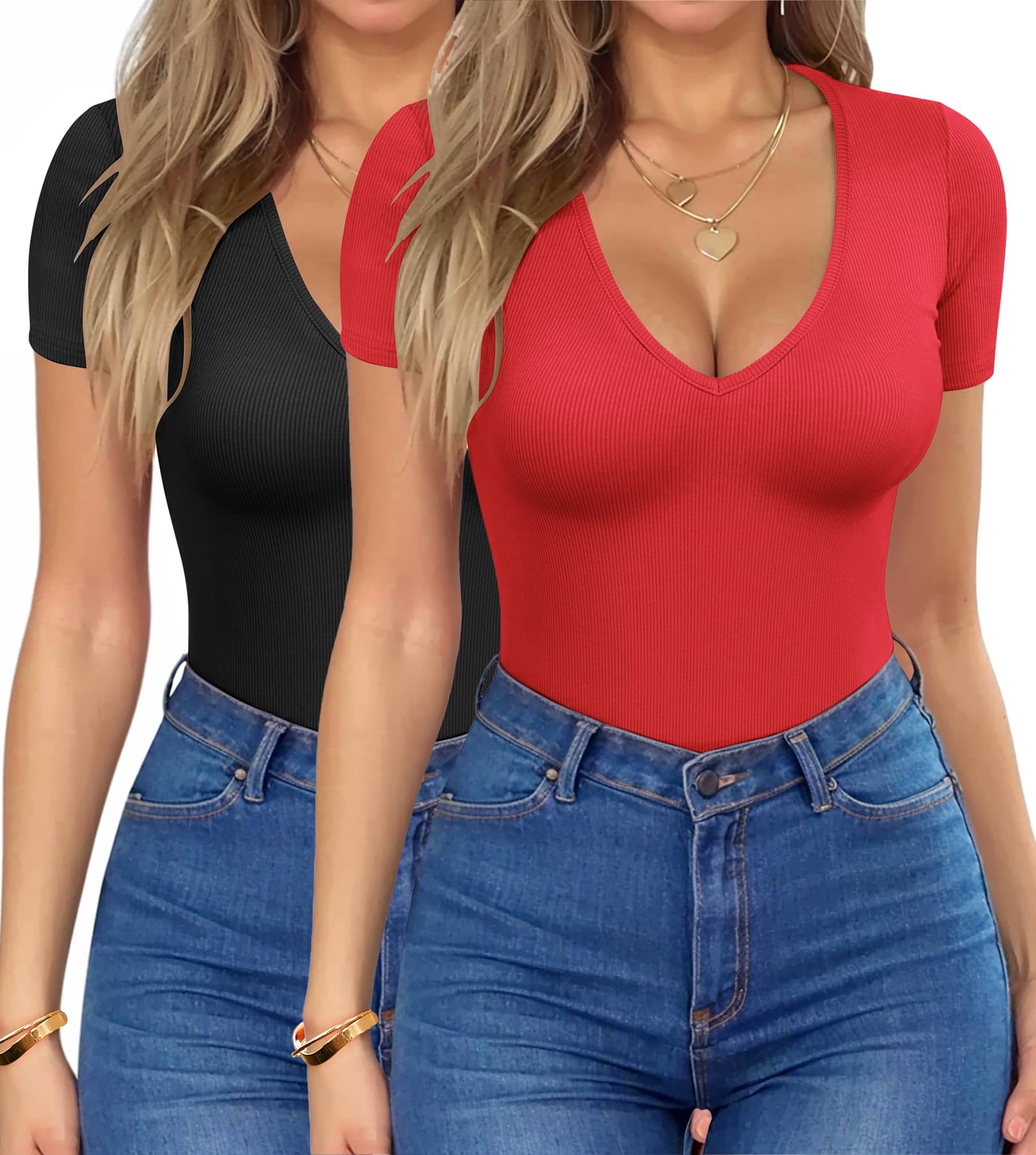Photo 1 of 2 PCS Deep V Neck Tops for Women Summer Short Sleeve Slim Ribbed T-Shirt Ladies Basic Casual Tee Top