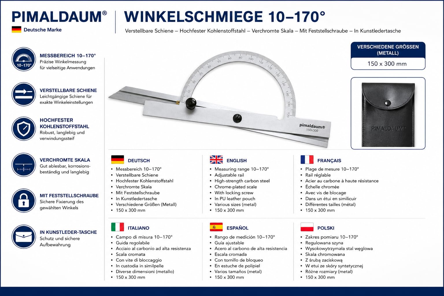 Rapporteur d'angle professionnel 10-170° avec règle métal 150 * 300 mm