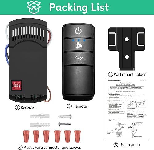 Miniatura 7 de Hampton Bay - Control remoto de ventilador de techo, kit de control remoto universal de ventilador de techo, 3 velocidades, atenuador de luz,