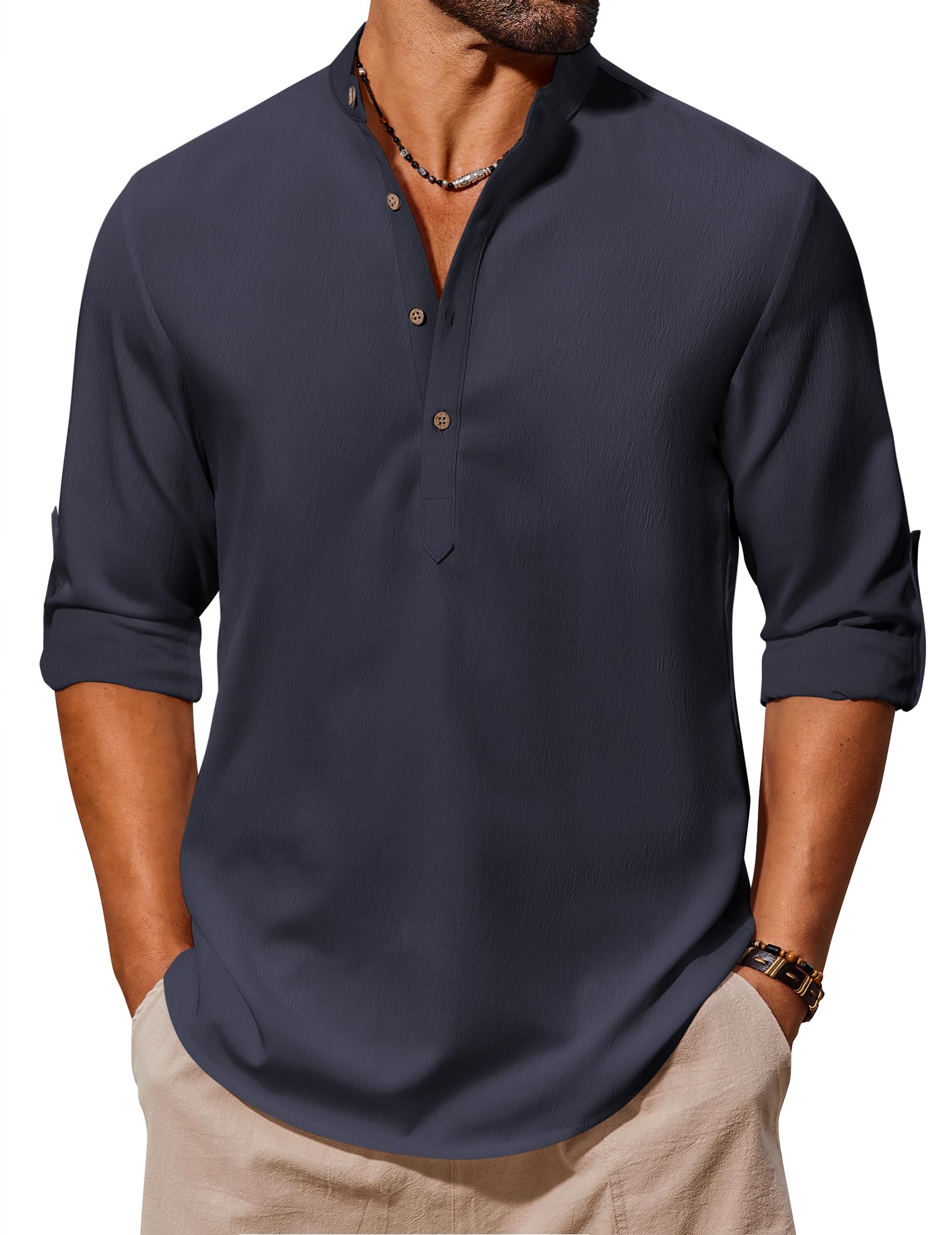 Men's Casual Henley Shirts Long Sleeve Band Collar Lightweight Beach Shirts Summer T-Shirts