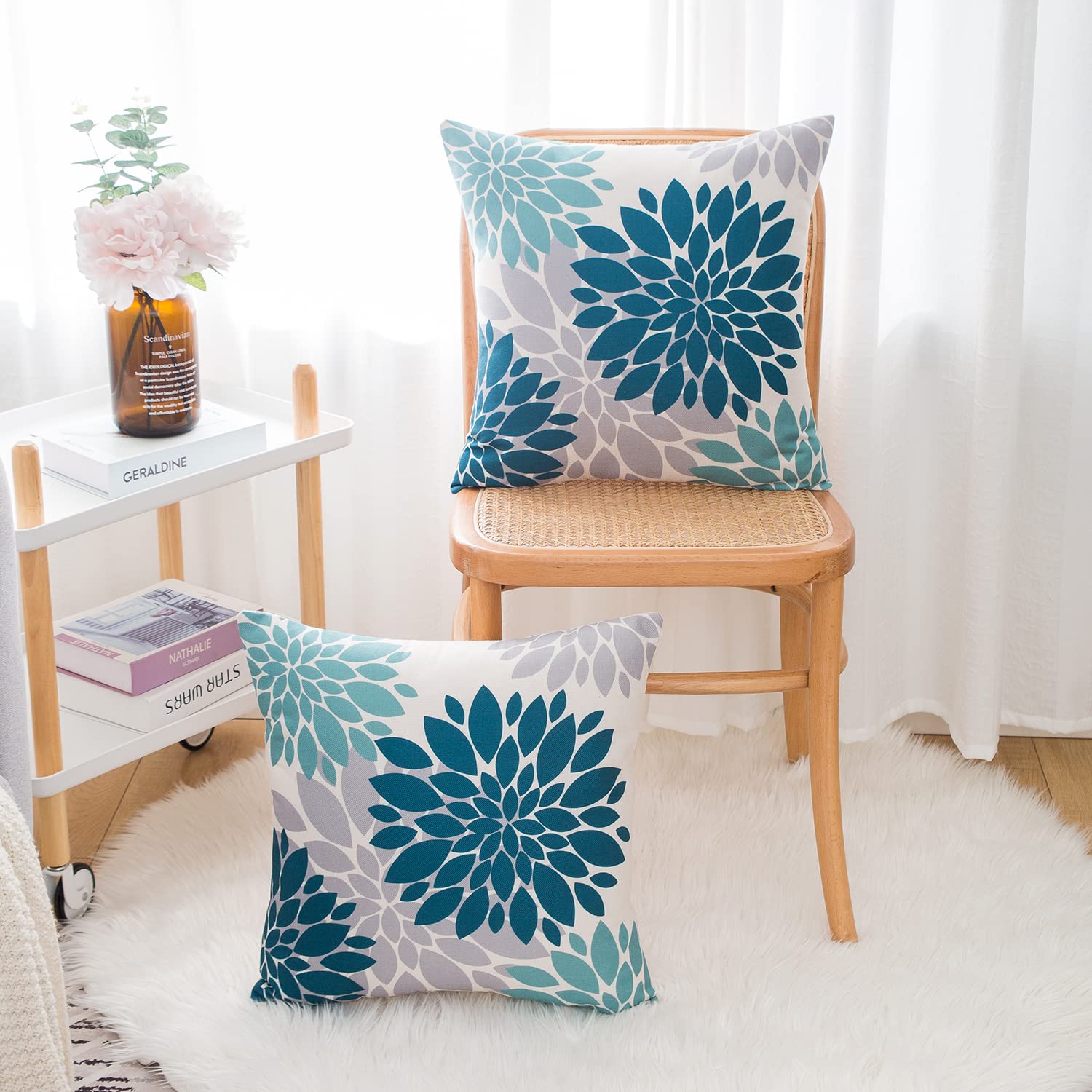 Set Di 4 Federe Per Cuscini JOJUSIS, Stile Farmhouse, 45x45 Cm, In Cotone E Lino, Colore Blu Geometrico, Con Cerniera Nascosta - 6