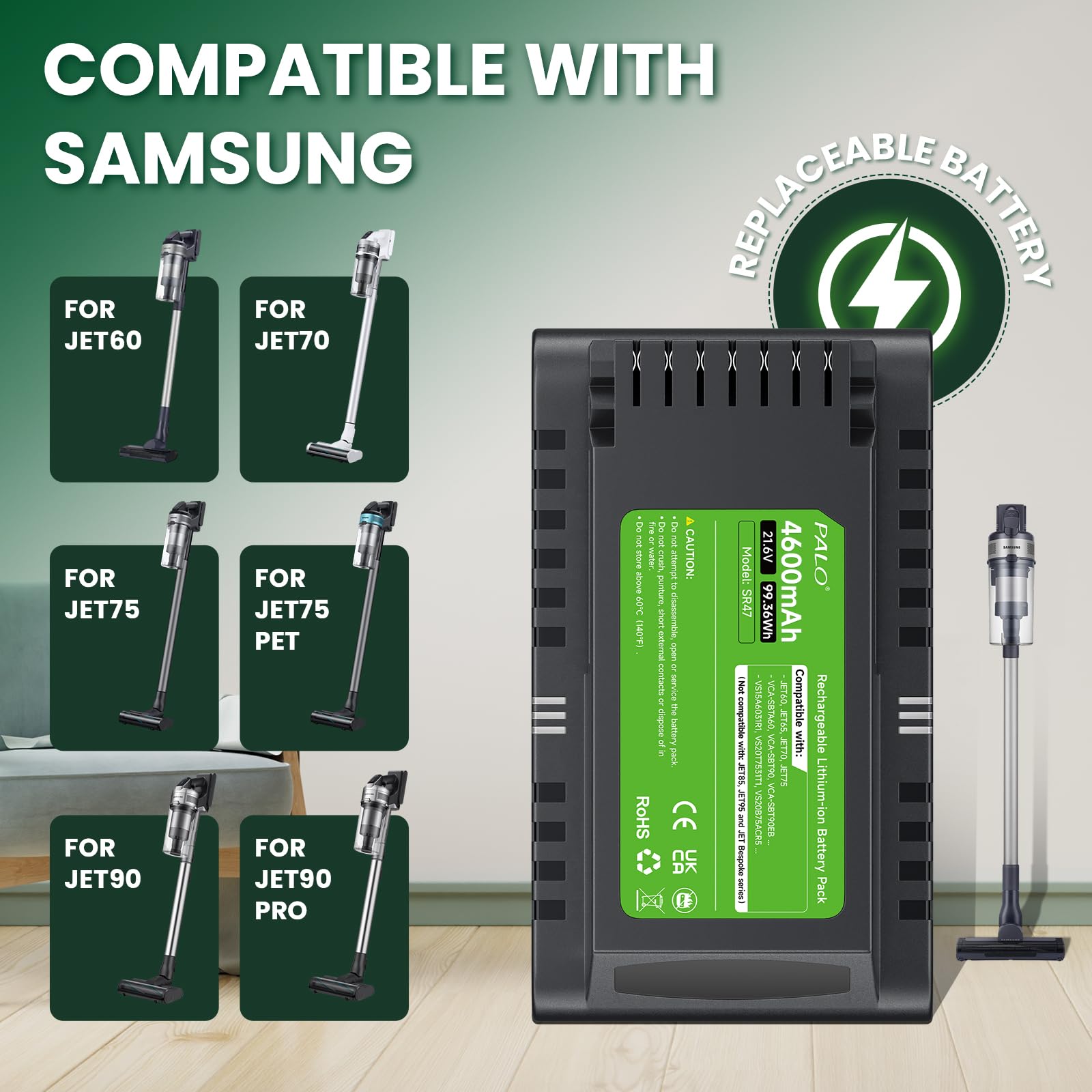 4600mAh VCA-SBTA60 Batteria per Samsung JET60 JET65 JET70 JET75 JET90 Samsung Aspirapolvere Senza Fili Modello VCA-SBTA60/VT VCA-SBT90 VCA-SBT90EB