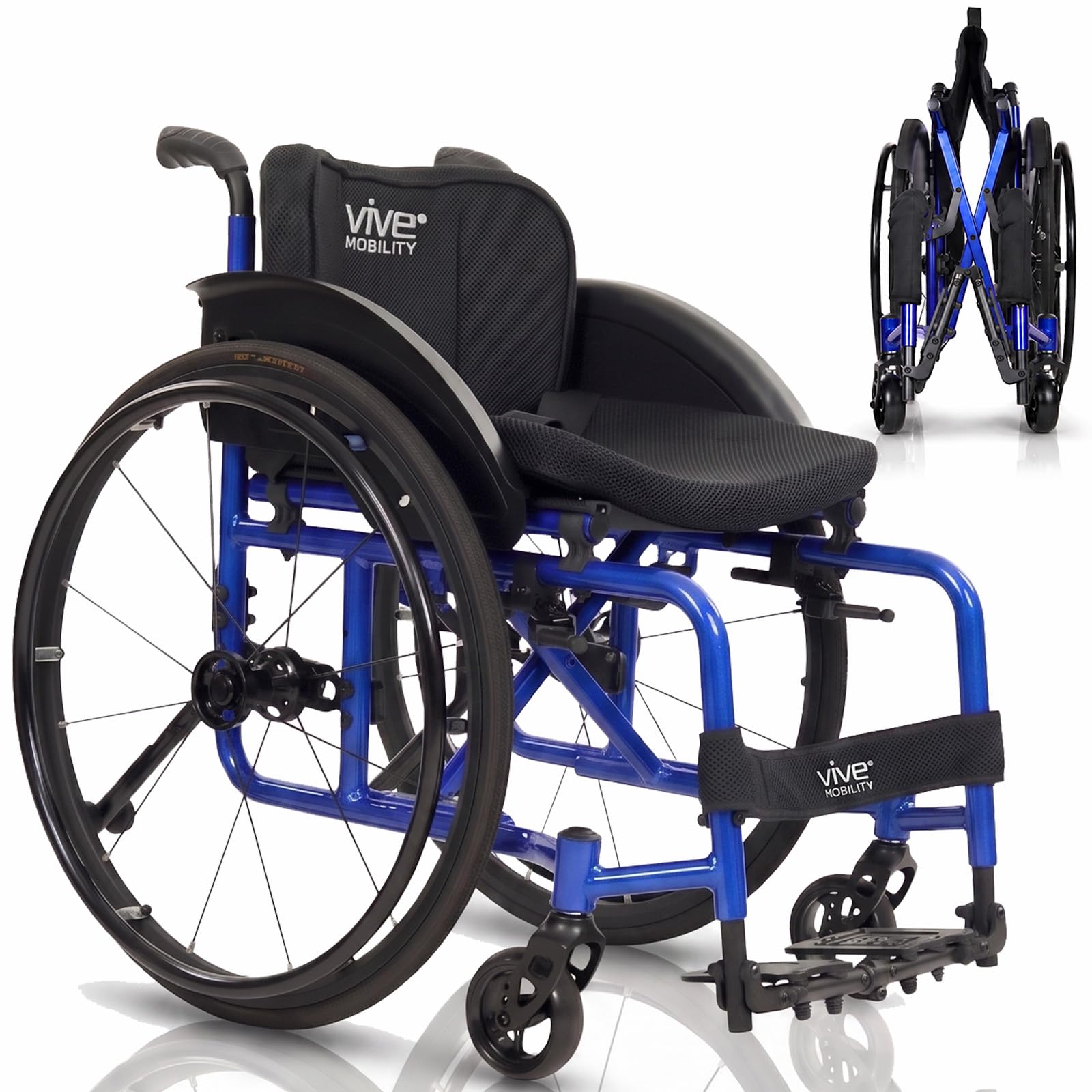 Vive Lightweight Manual Wheelchair - Foldable Sport Wheel Chair for Active Adults, Portable, Transport, Customizable & Folding - Collapsible for Travel, Fully Adjustable (Blue)