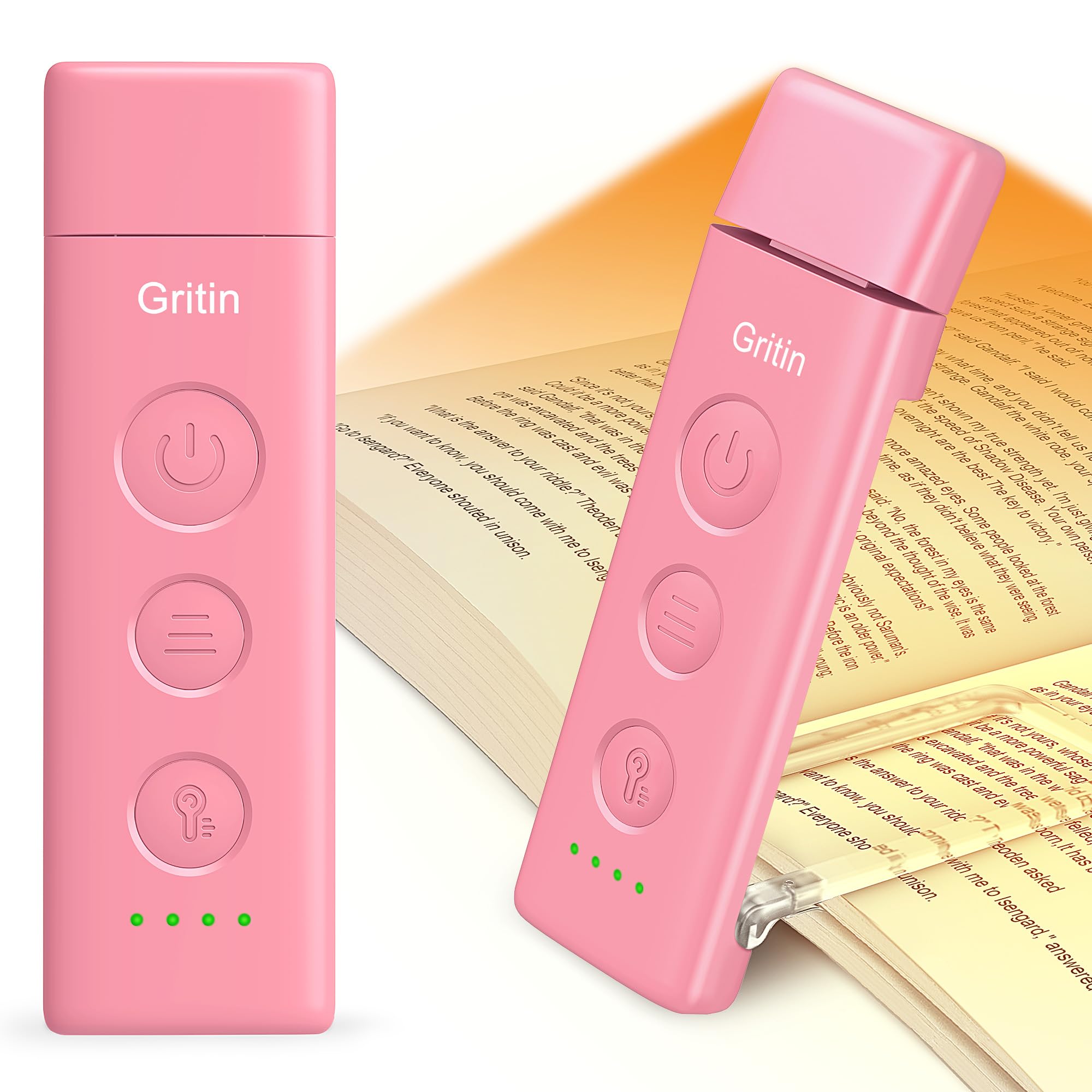 Gritin Book Light Rechargeable, Clip on LED Reading Light for Books in Bed | Eye Caring 3-Color & 5-Brightness, Stepless Dimming, Long Lasting, Compact Size Flexible Book Lamp for Bookworms-Warm Pink