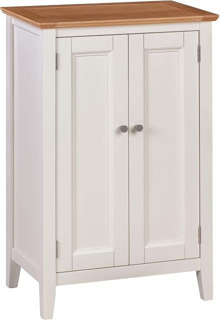 Hallowood Furniture Clifton Off White Painted Shoe Storage Cupboard with Light Oak Top - Modern Space Saving Shoe Cabinet for Hallway - Large Living Room Shoe Rack - Shoe Storage for 10 Pairs of Shoes