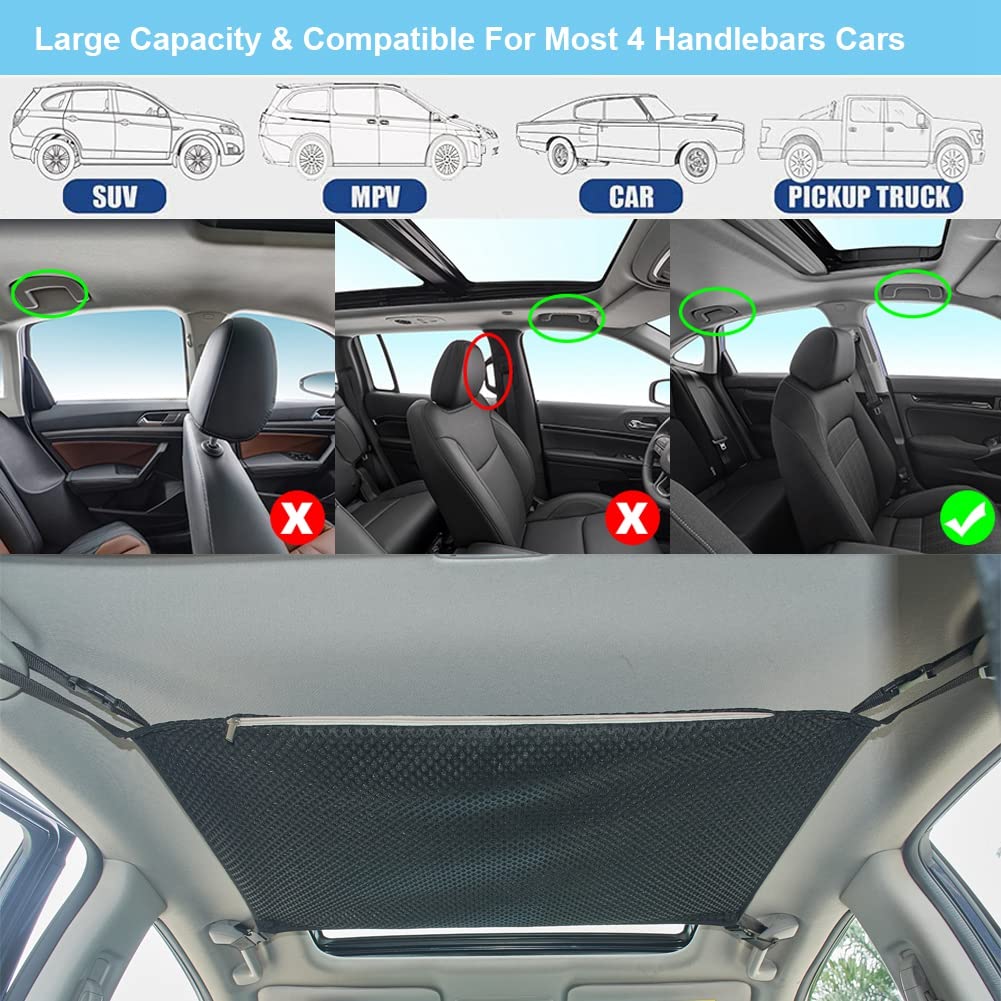 Car Ceiling Cargo Net, Car Interior Roof Storage Net With Zipper, Universal Car Trunk Storage Pocket Organizer Sundries Bag For Jeep Van SUV