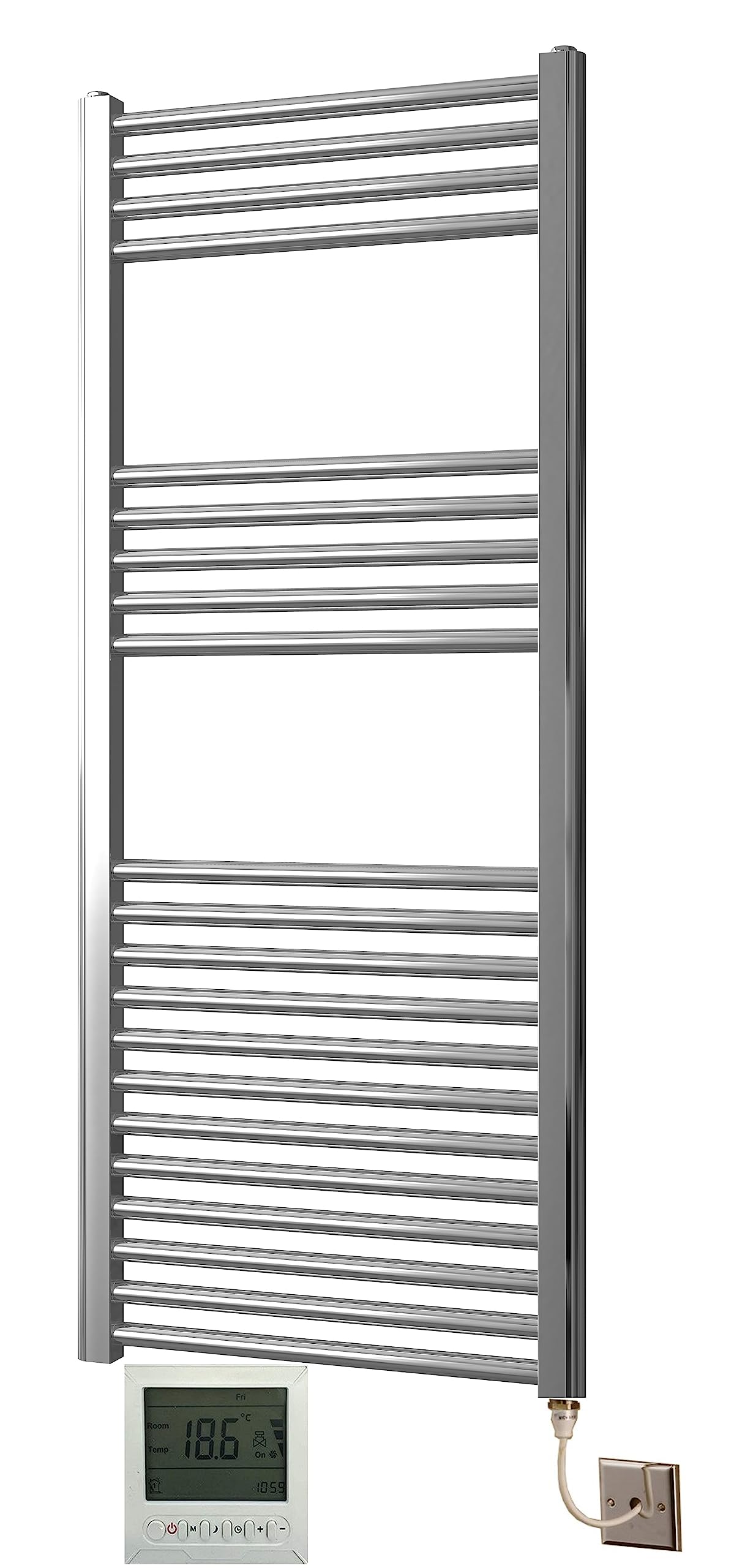 Greened House Electric Chrome 500w x 1200h Flat Towel Rail + Timer and Room Thermostat