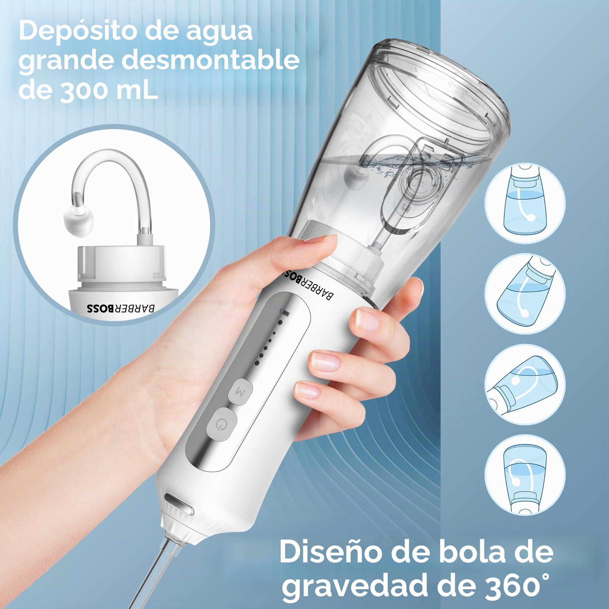 BarberBoss Irrigador Bucal Eléctrico, Limpiador de Dientes, 5 Boquillas, QR-7024 Blanco