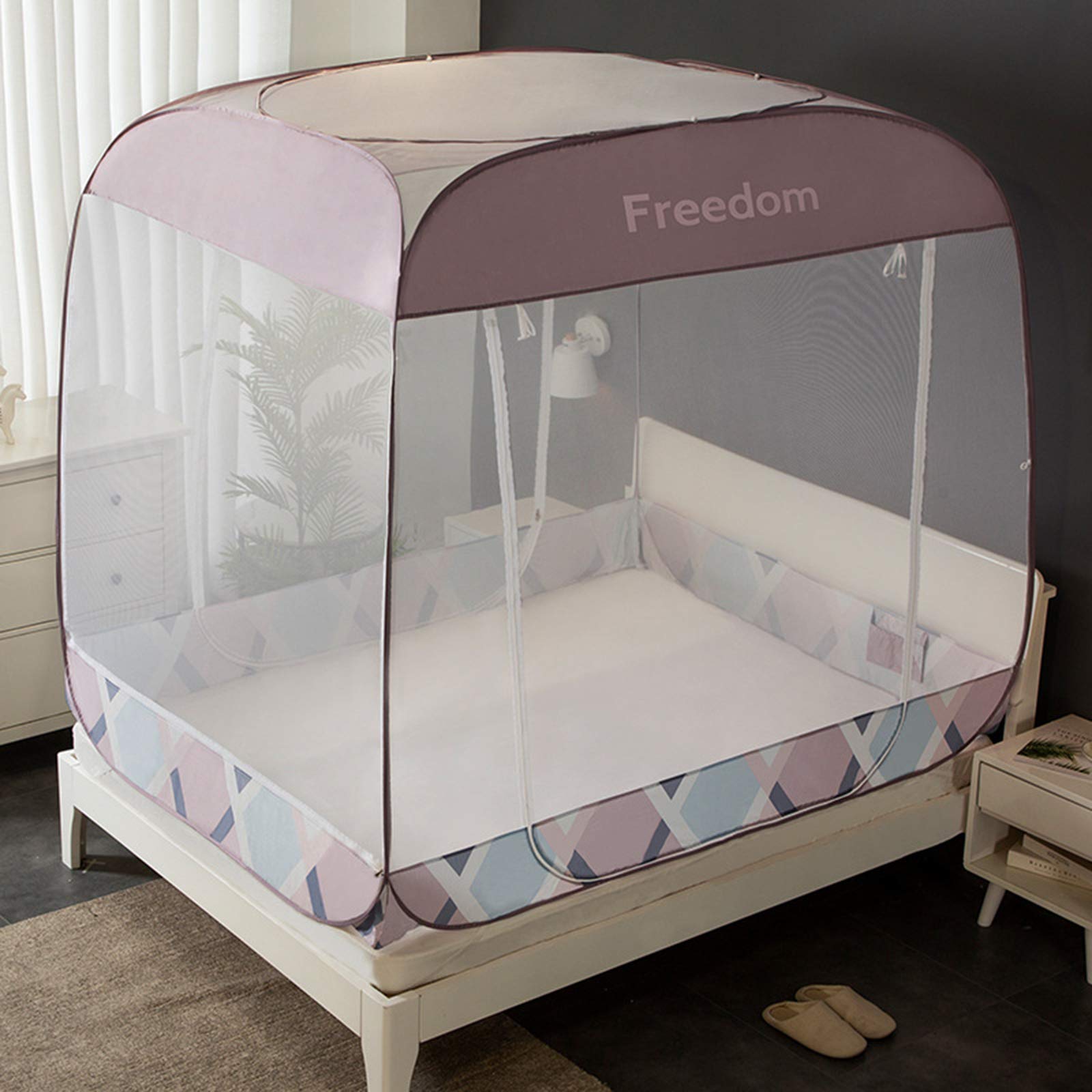 Moustiquaire de lit pliable 1,2x2,0m rose à motif grille simple