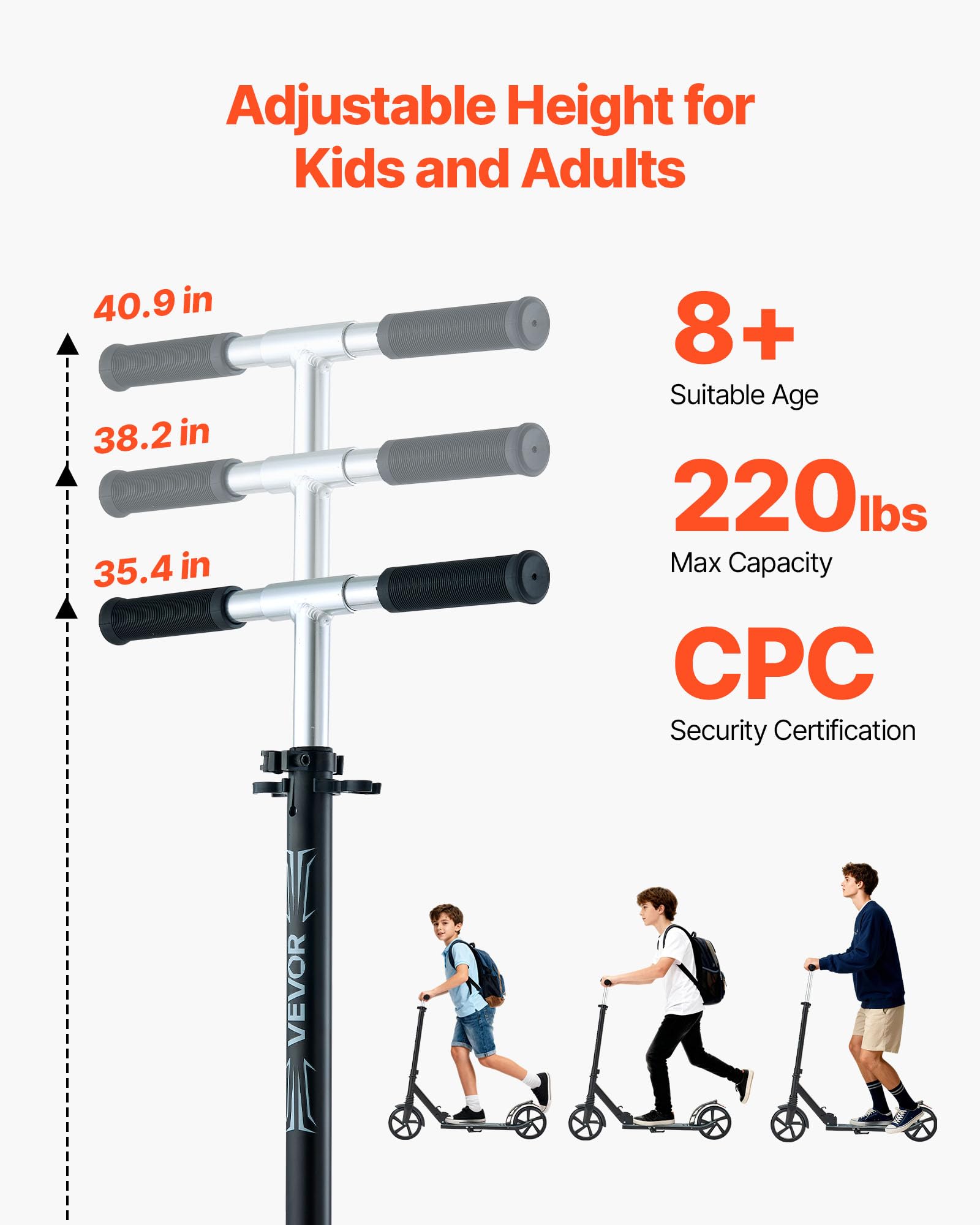 VEVOR Monopattino con 2 Ruote per Bambini da 8 Anni, Monopattino Pieghevole per Movimento della Città Carico max. 100kg Altezza Regolabile a 3 Livelli, Pedana Antiscivolo e Freno a Pedale, Nero