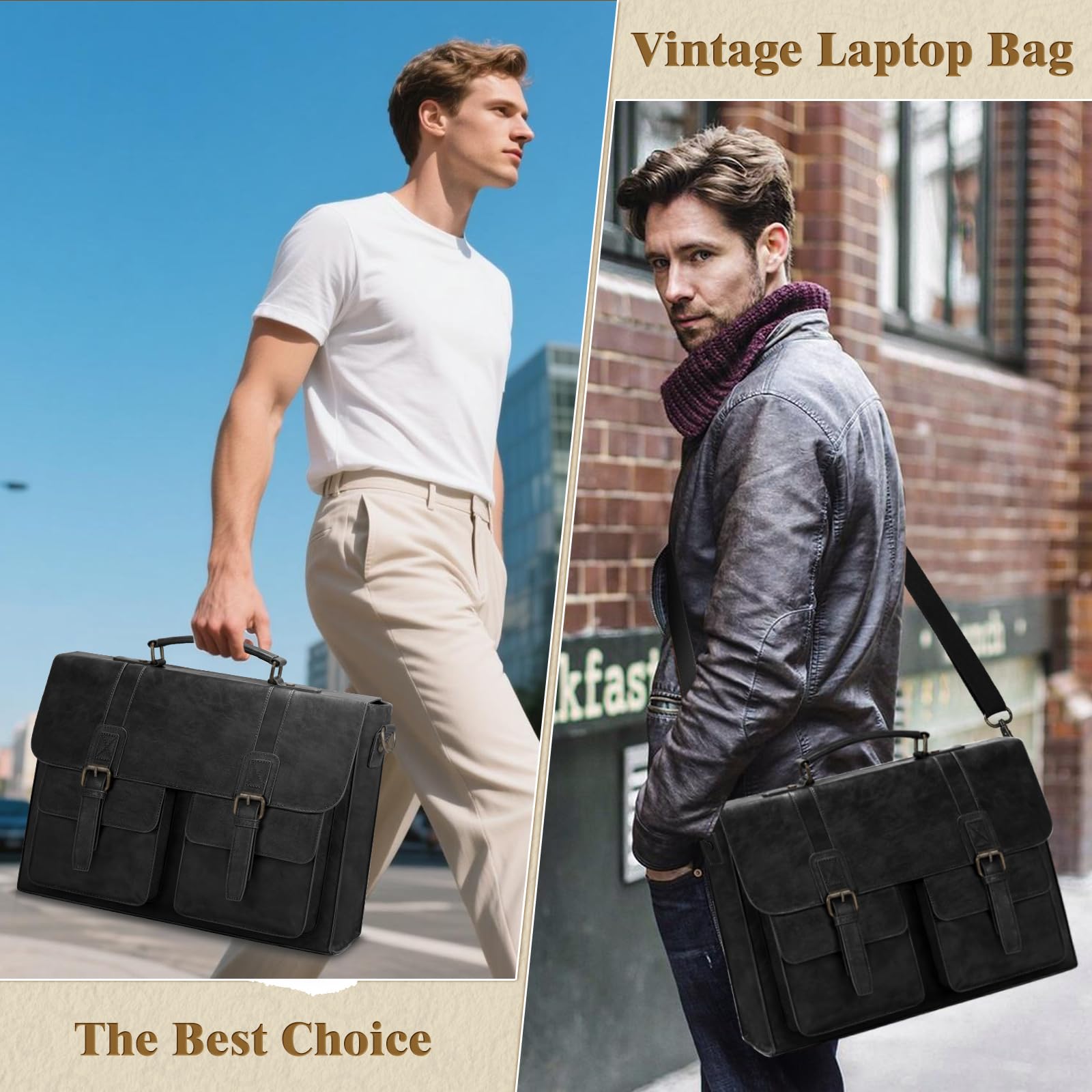 RAINSMORE Borsa Lavoro Uomo PU Pelle Borsa Porta PC 15.6 Pollici Impermeabile Porta Computer Portatile Tracolla per Università Ufficio Nero
