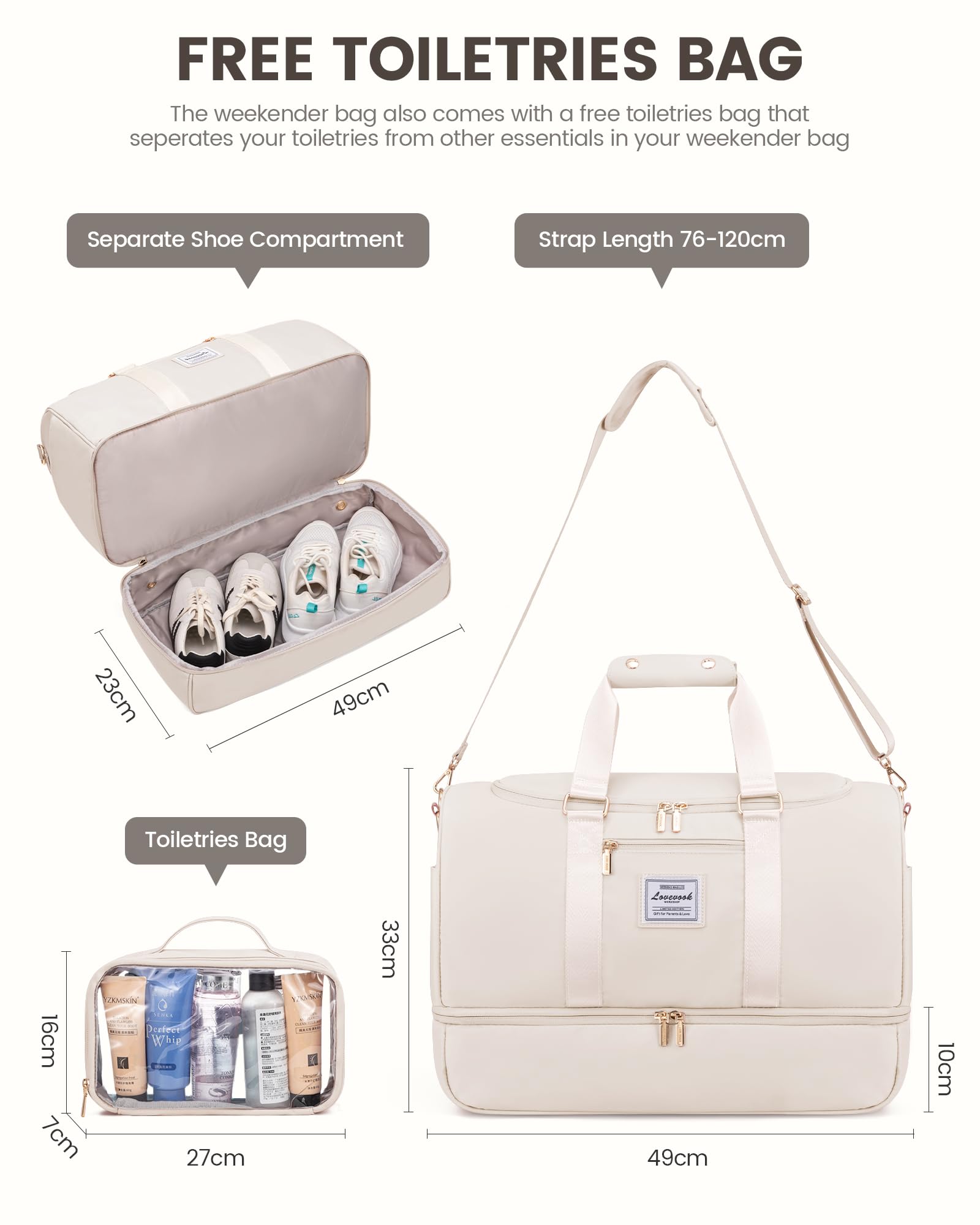 LOVEVOOK Borsone da Viaggio Borsa Palestra Donna, 37L Borsa Parto Ospedale Mamma Nascita con Scomparto per le Scarpe, Impermeabile Borsa Sportiva Piscina, Grande Weekend Travel Duffel Gym Bag, Beige