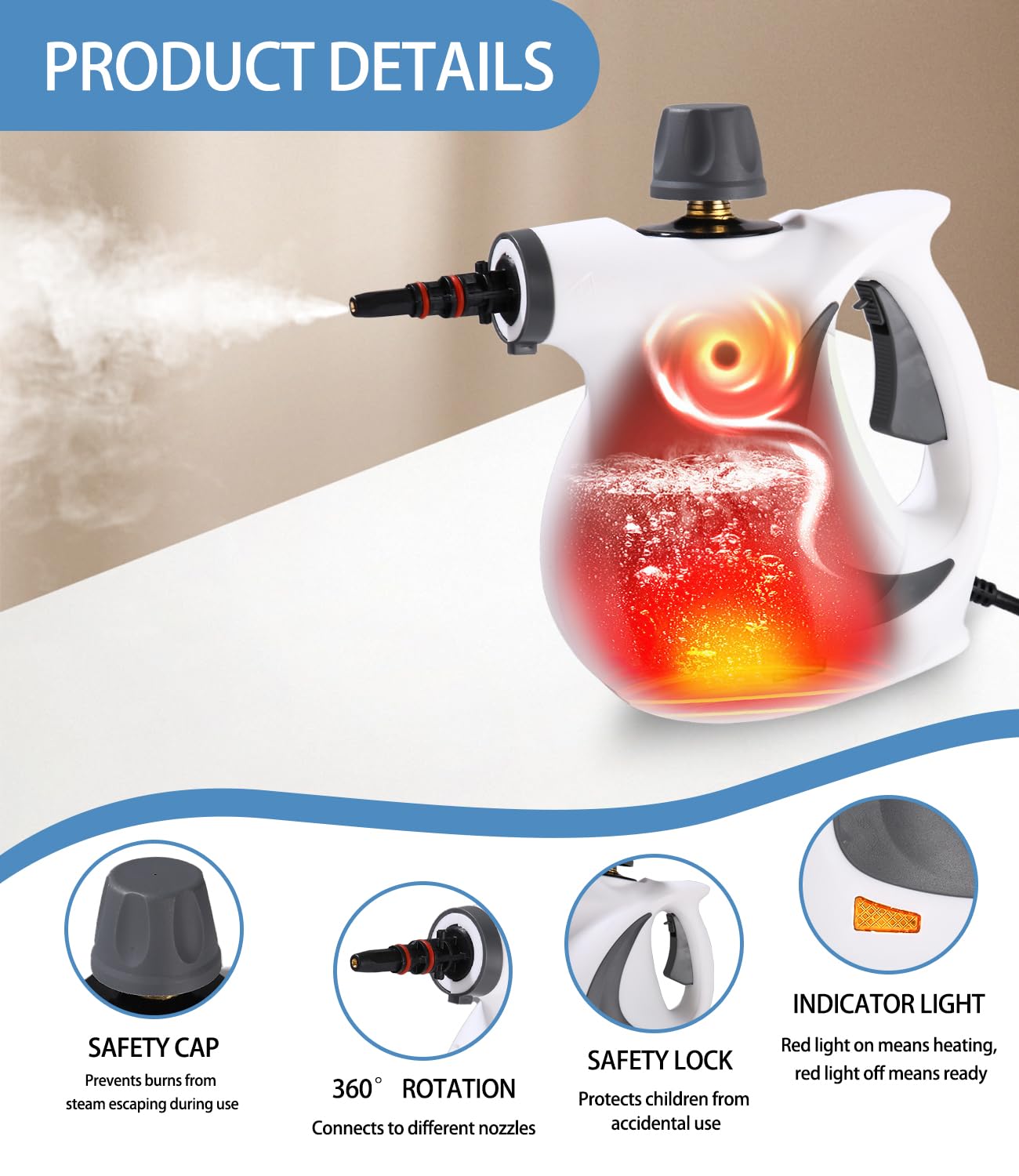 Nettoyeur à Vapeur Portable, 1050 W Nettoyant Vapeur à Main avec 12 Accessoires, 3,2 bars, Multi-Usage Steam Cleaner, Pour Canapé Tapis Matelas Meuble Voiture Cuisine Salle de Bain Sol Fenetre