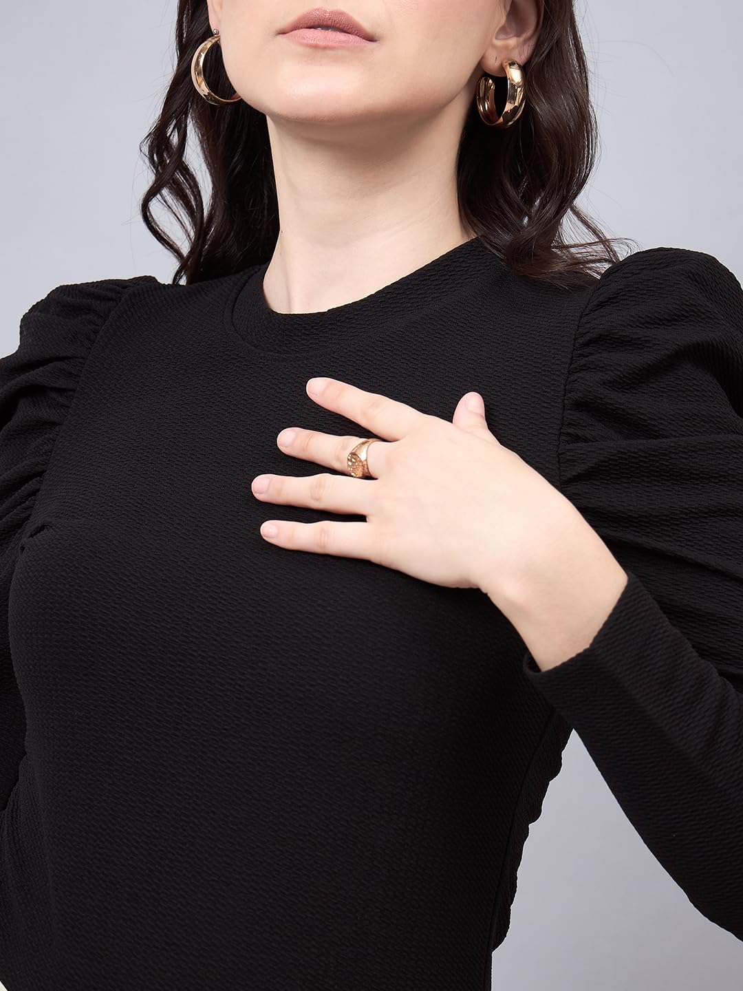 Style Quotient Women Black Texture Polyester Slim Fit Smart Casual Puff Full Sleeve Top - Image 2 thumbnail