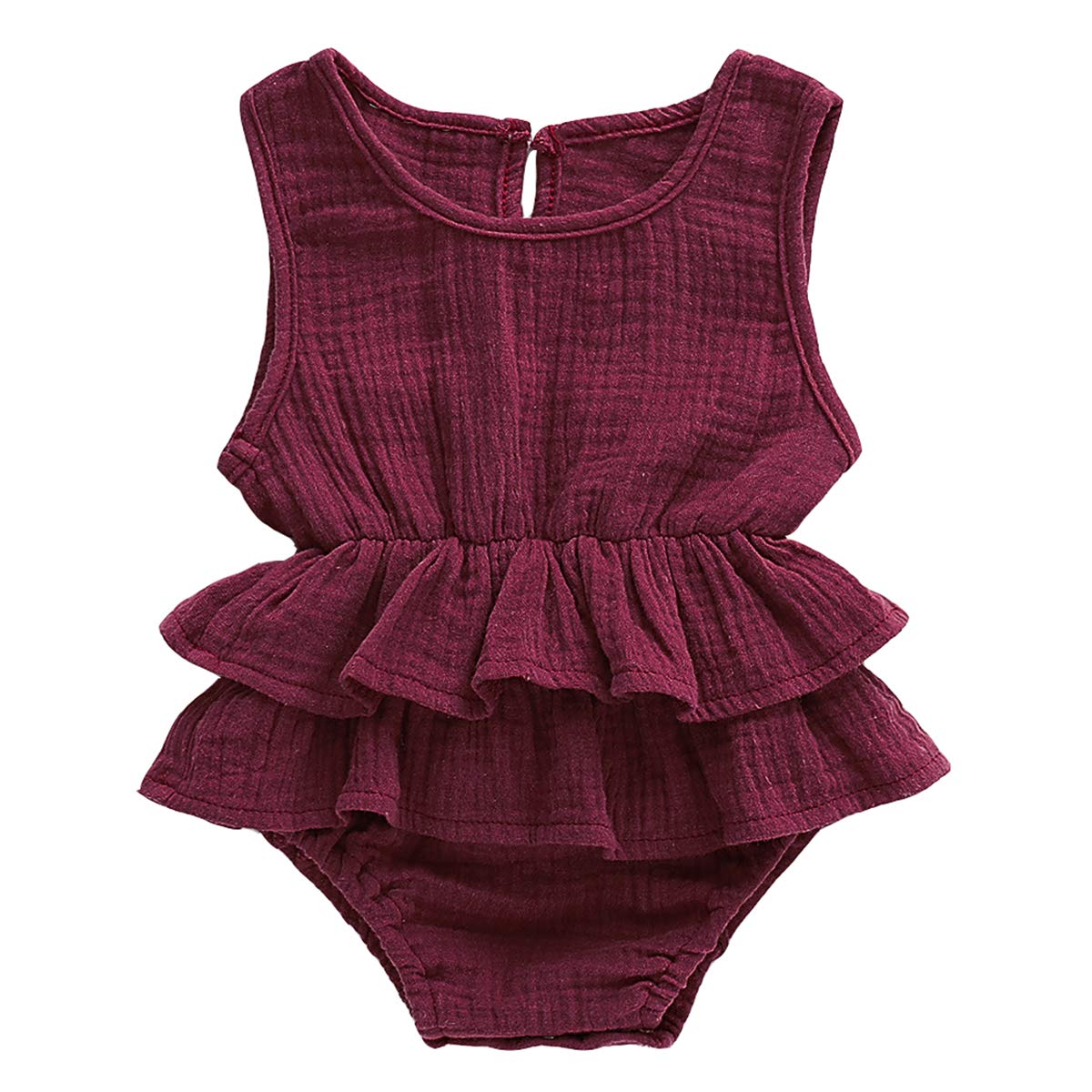 Kayotuas Newborn Infant Baby Girl Cotton Linen Romper Jumpsuit Sleeveless Skirted Bodysuit Tutu Dress Outfits Clothes (Wine red Sleevless, 12-18 Months)