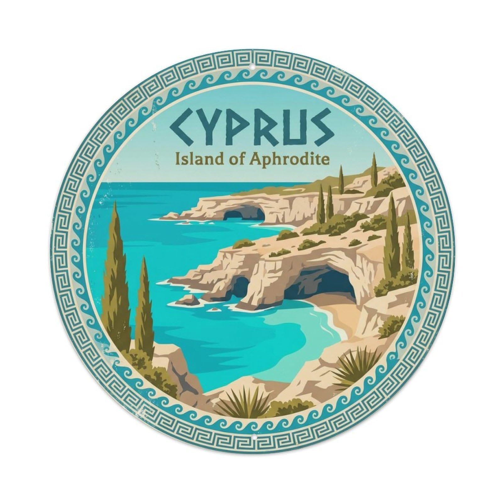 Vintage Travel Cyprus Coast Mediterranean Metal Tin Sign Plaque Wall Decor for Cafe, Club, Garden Round Metal Poster 8x8Inch